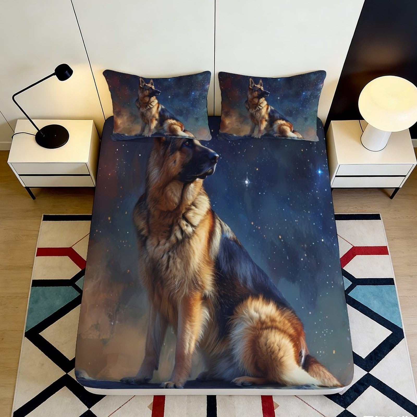 3D Printed German Shepherd Galaxy Fitted Sheet Microfiber Soft Bed Cover Cosmic Stars for Bedroom Mattress Decor 90x200x25cm