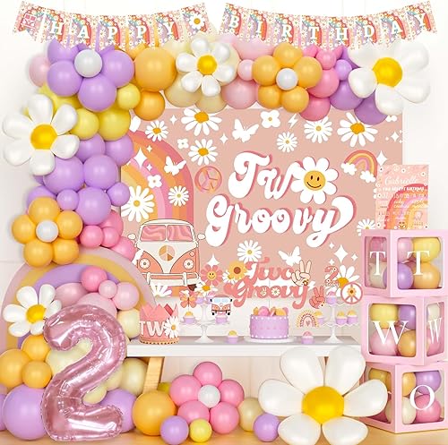 159 piezas de dos decoraciones de fiesta geniales, Hombae Boho Daisy Hippie 2 cumpleaños, decoración de fiesta de segundo cumpleaños, bandera,
