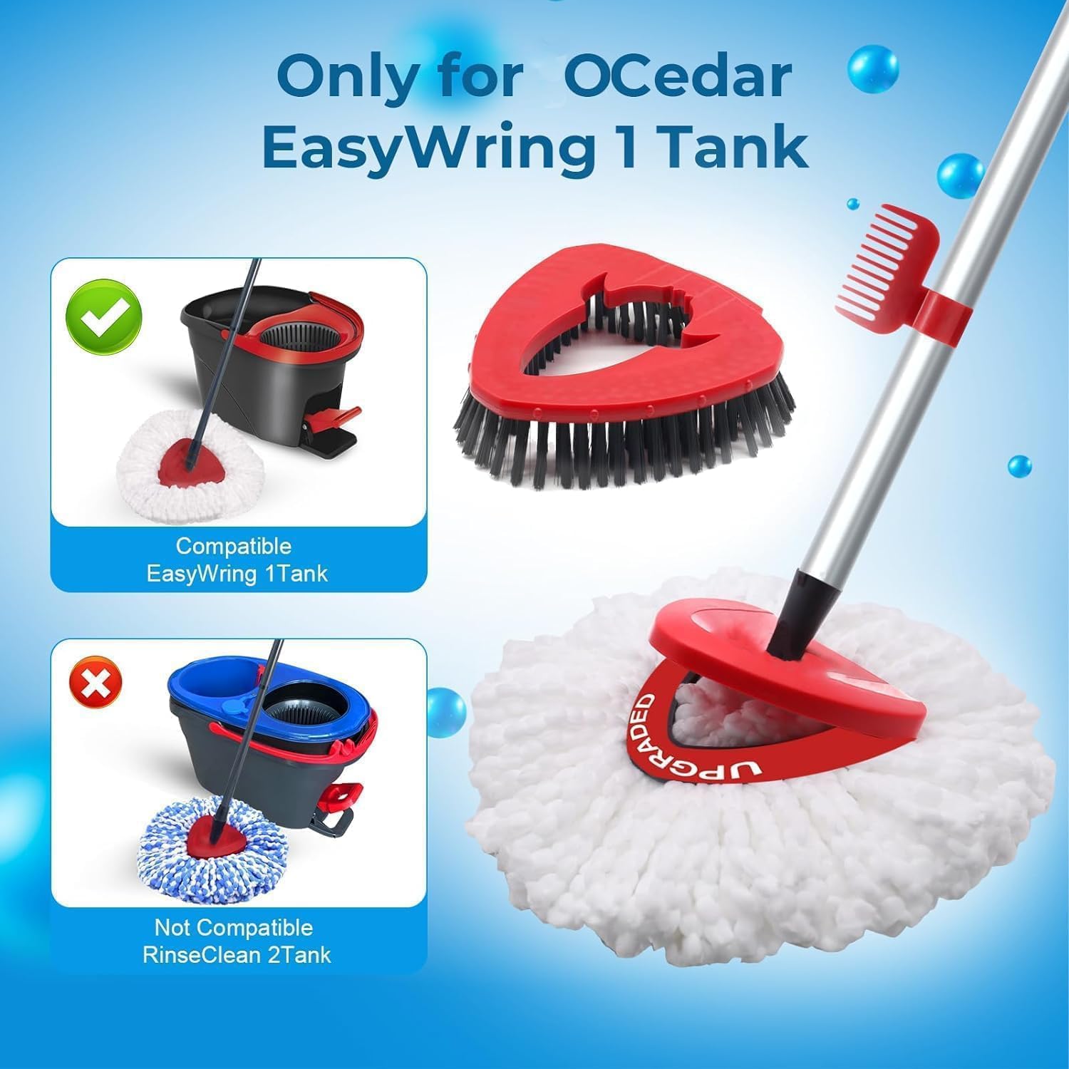 Spin Mop Replace Head for EasyWring 1 Tank,Upgraded Scrub Brush Replacement Head Compatible with Ocedar, 4 Microfiber Refills, 1 Handle, 1 Base and 1 Cleaning Brush Combo Set