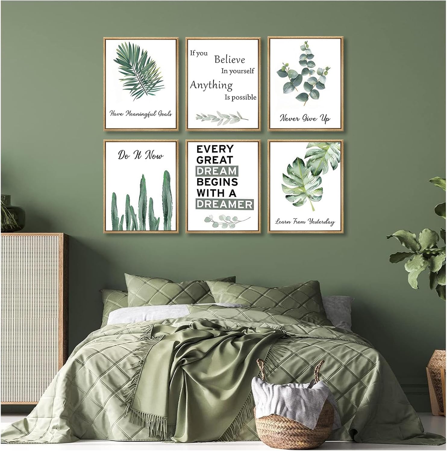 6pcsOffice Inspirational Botanical Canvas Wall Art Eucalyptus Leaves Sage Motivational Quotes Painting Picture Wall Decor Never Give Up Poster Print Artwork For Classroom Bedroom Home Decoration