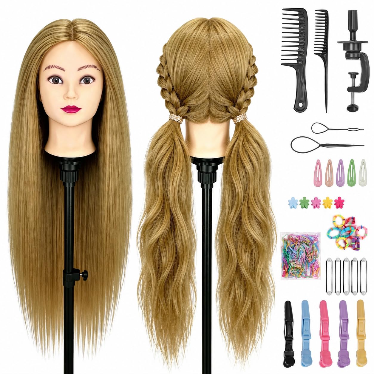 Yofuly 26-28Zoll 66-71cm Frisierkopf 80% Echthaar Übungskopf mit Tischklemme + DIY-Zopfset Hellbraun
