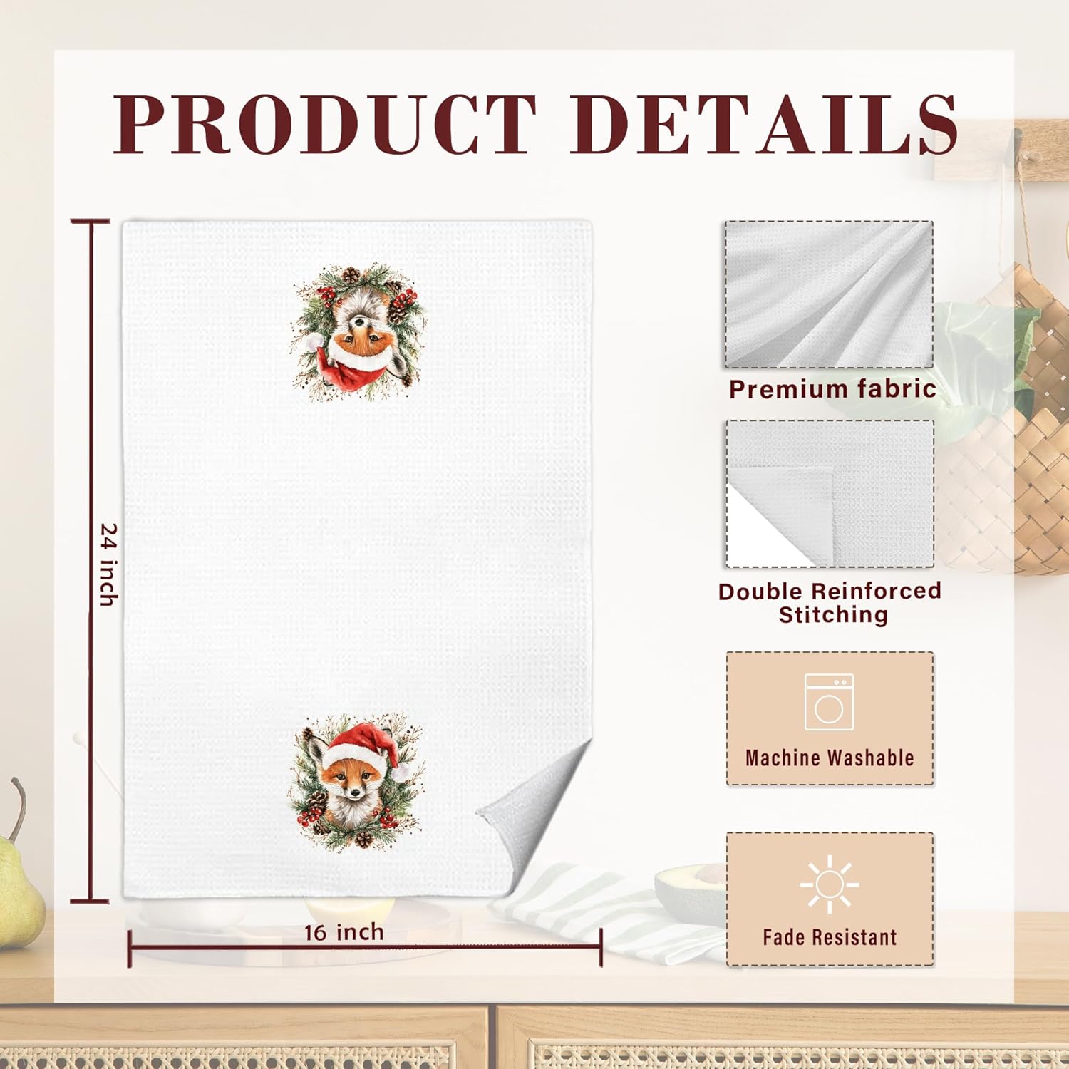 Christmas Fox Kitchen Dish Towels, Fox Lover Gifts, Funny Santa Forest Animal Decorative Hand Towels for Bathroom, Christmas Kitchen Bathroom Decor, 16x24 Inch Set of 2