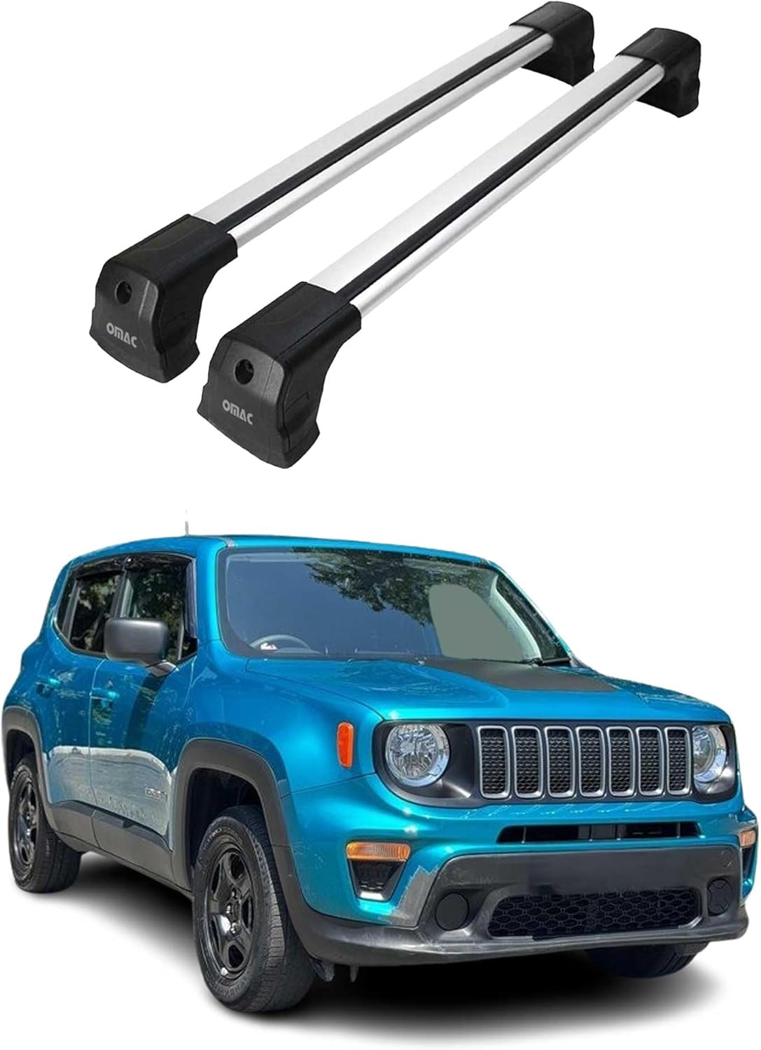 OMAC Roof Rack Cross Bars Compatible with Jeep Renegade 2015-2024 – 2 Pcs – Lockable – Aluminum Silver