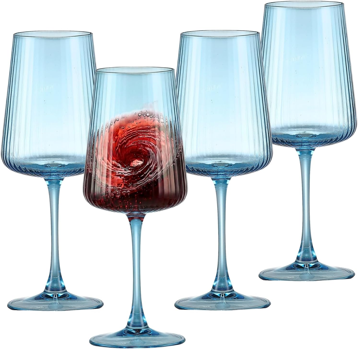 Ribbed Blue Wine Glasses Set of 4, 18oz Crystal Vintage Red Wine Glasses with Thin Rim, Long Stem, Unique White Wine & Champagne Glass for Wedding, Anniversary, Birthday, Party