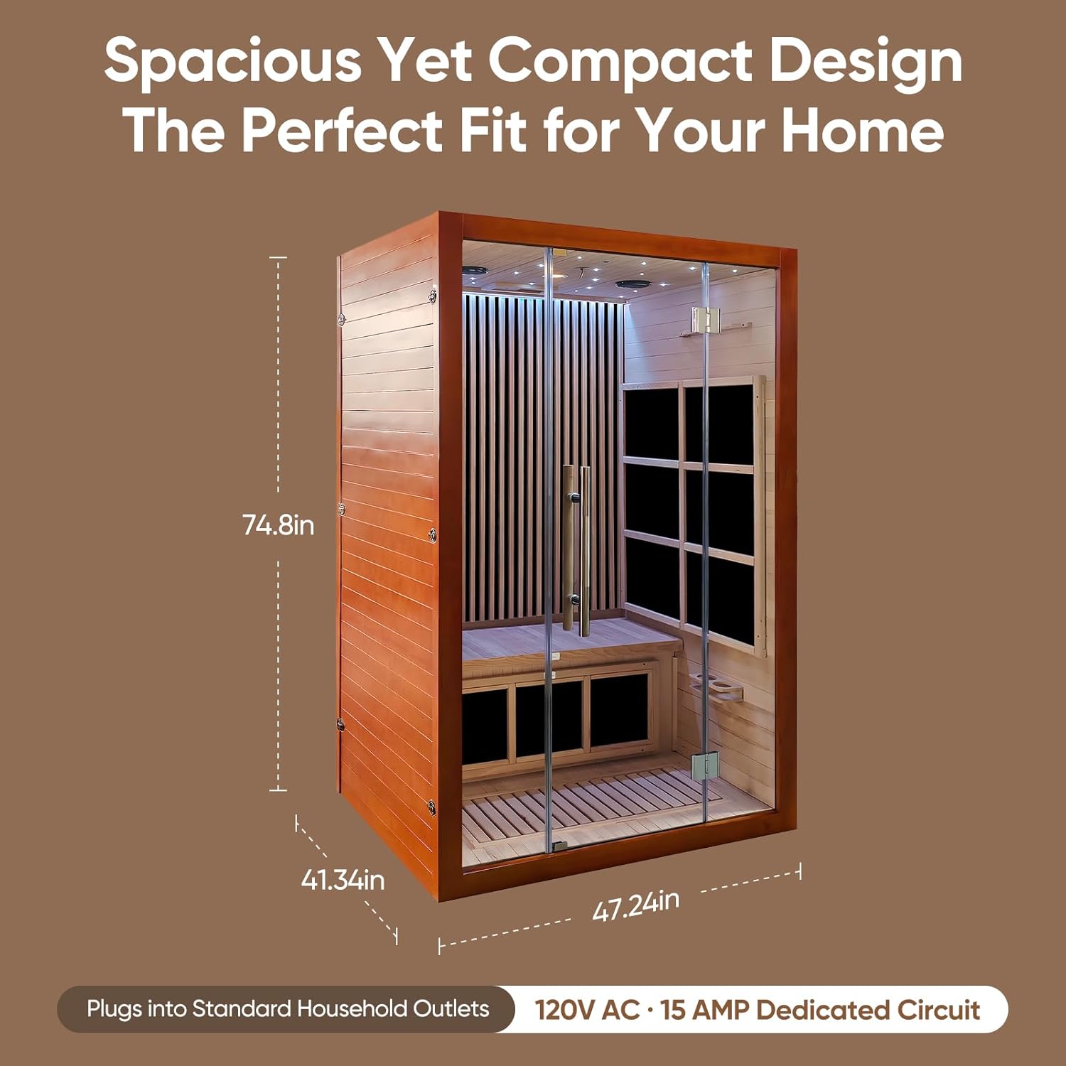 ivaniti Sauna for 2 Person, Low EMF FAR Infrared Home Sauna with 7-Color Chromotherapy & FM Audio, Made from Canadian Hemlock Wood, Ideal for Home Gym, Spa & Bathroom, 120V, Brown