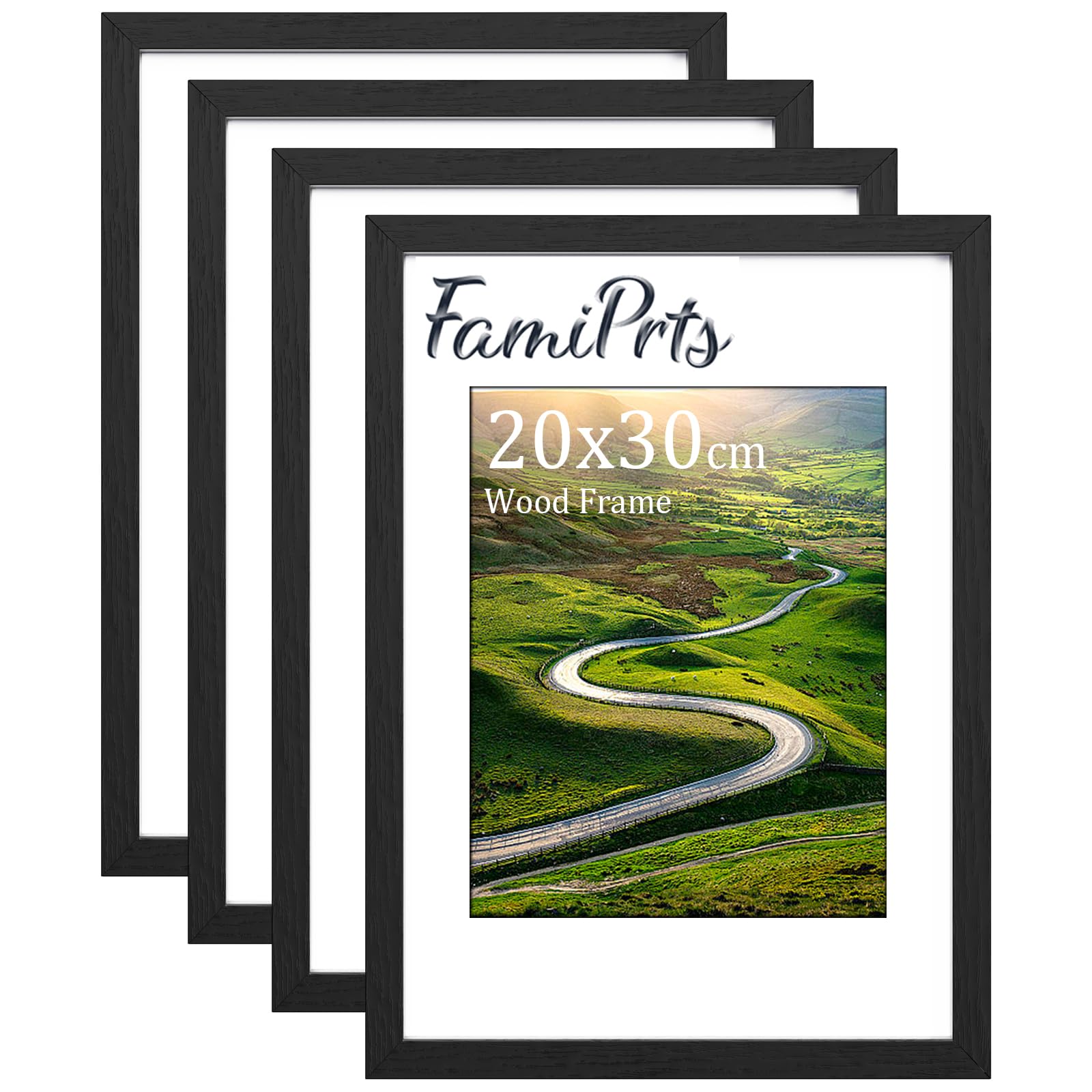 FamiPrts 4Pack 20x30cm Picture Frame, Wooden 20 by 30 cm Frames, Versatile Black Frame, Dual Orientation (Landscape/Portrait), Includes Wall Hooks - Wall Mount and Desktop for Home, Office, Gallery