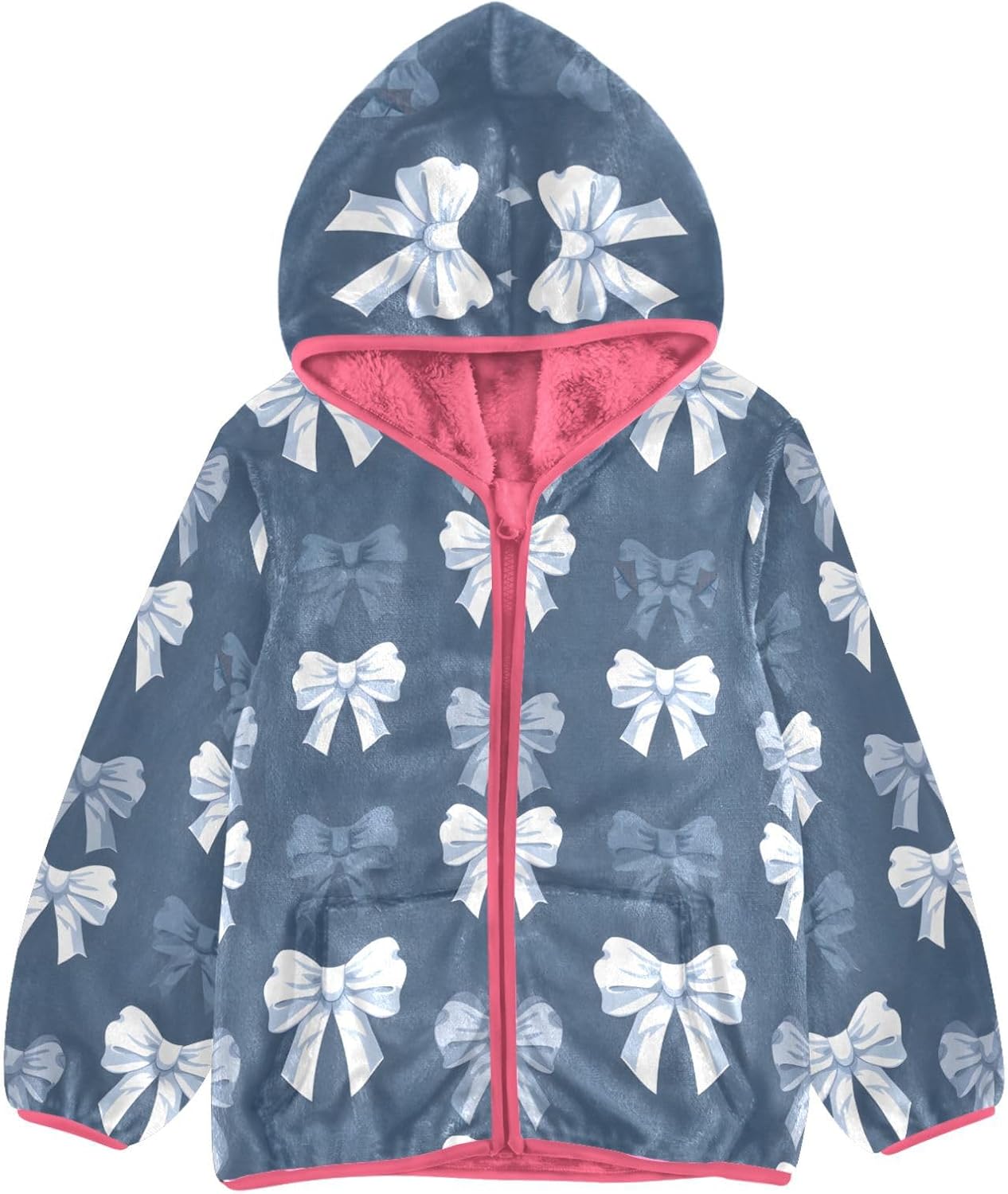 Girls Hoodie Outfit White Bow Blue Background Pattern Zipper Sweatshirt Coat Fleece Jacket for Kids 3-10T