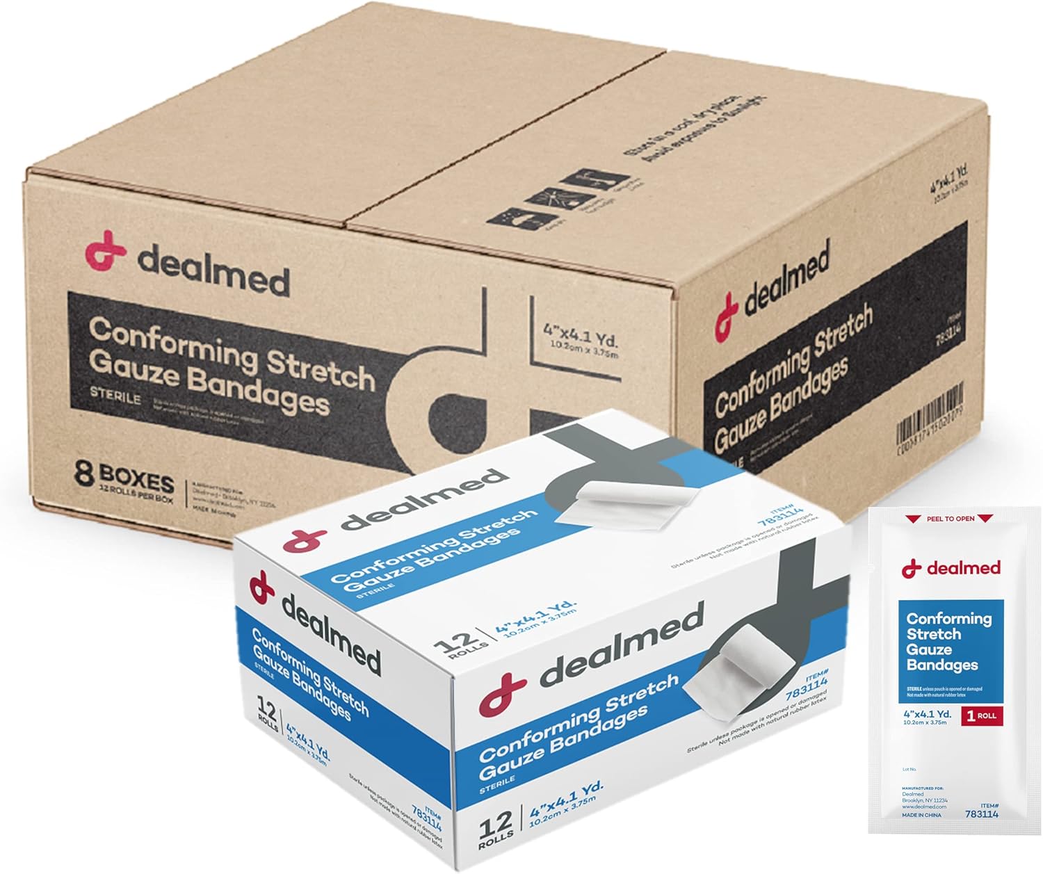 Dealmed 4" Sterile Conforming Stretch Gauze Bandages, 4.1 Yards Latex Free Stretched Dressing Wrap, Medical Non-Adherent Wound Care Mesh Bandages (Case of 96 Rolls)