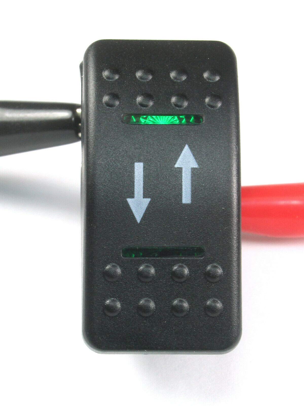 (HO #23) MOMENTARY Rocker Switch; 7 Pins; DPDT, 20A 12vdc, Illuminated Green Lens Up/Down Arrows