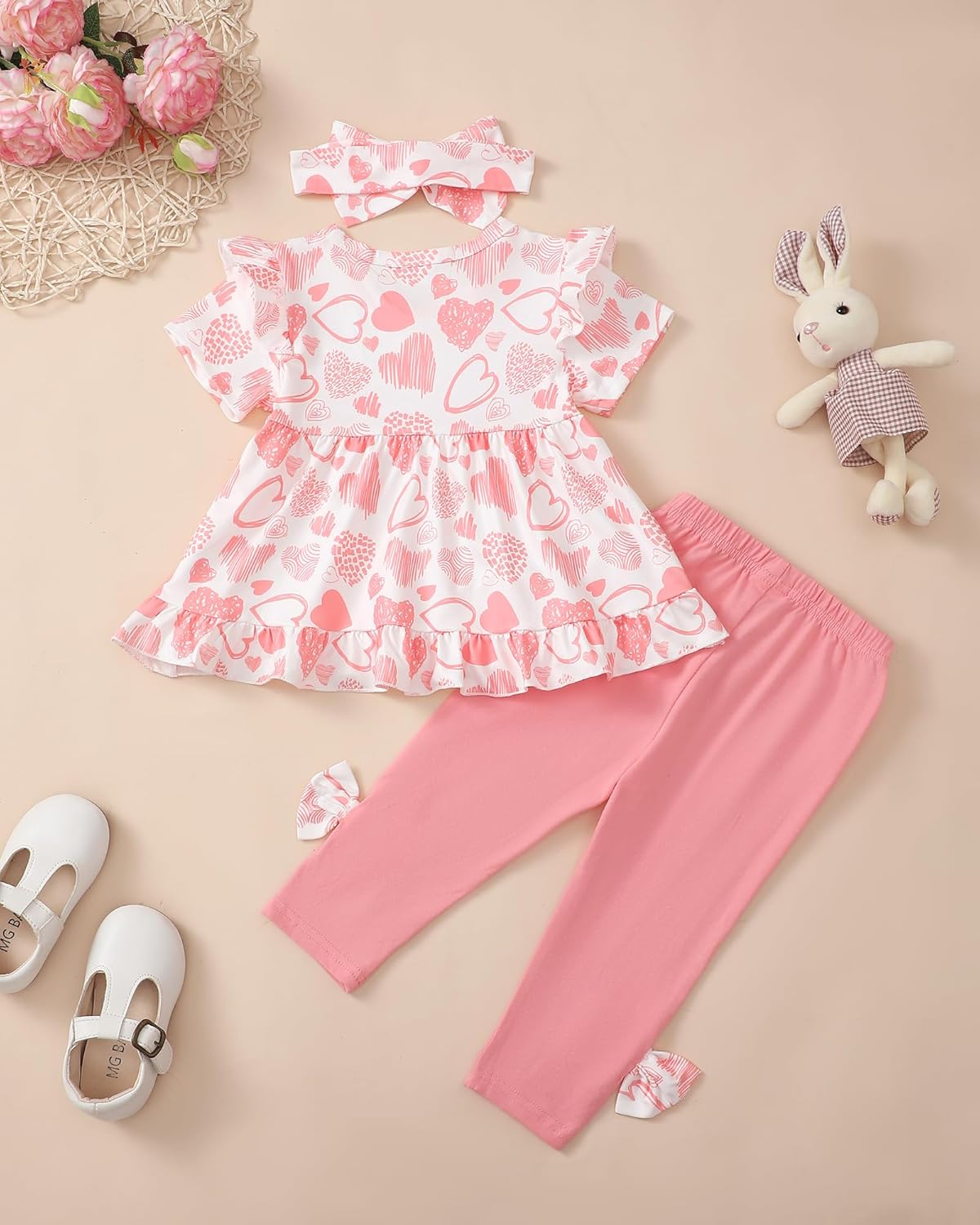 Kucnuzki Toddler Baby Girl Clothes Short Sleeve Ruffle Shirt Floral Pant Set 2 Piece Outfits For Girls Cute Clothing Set - Image 3