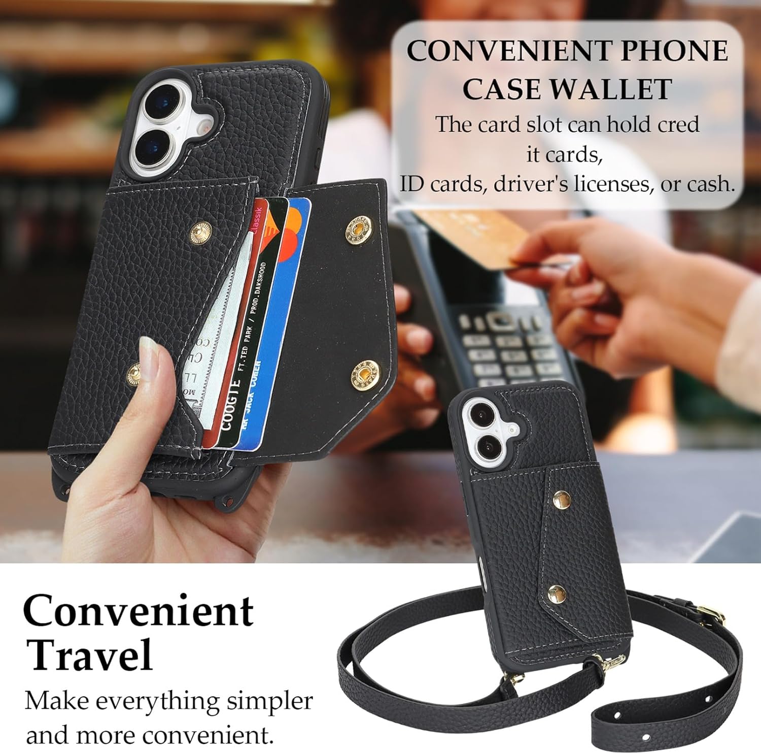 Jaorty Genuine Leather Wallet Case for iPhone 16, Necklace Lanyard Case Cover with Card Holder & Cash Pocket for Women Girls,Magnetic Snap,Anti-Lost Shoulber Strap 6.3 inch,Black