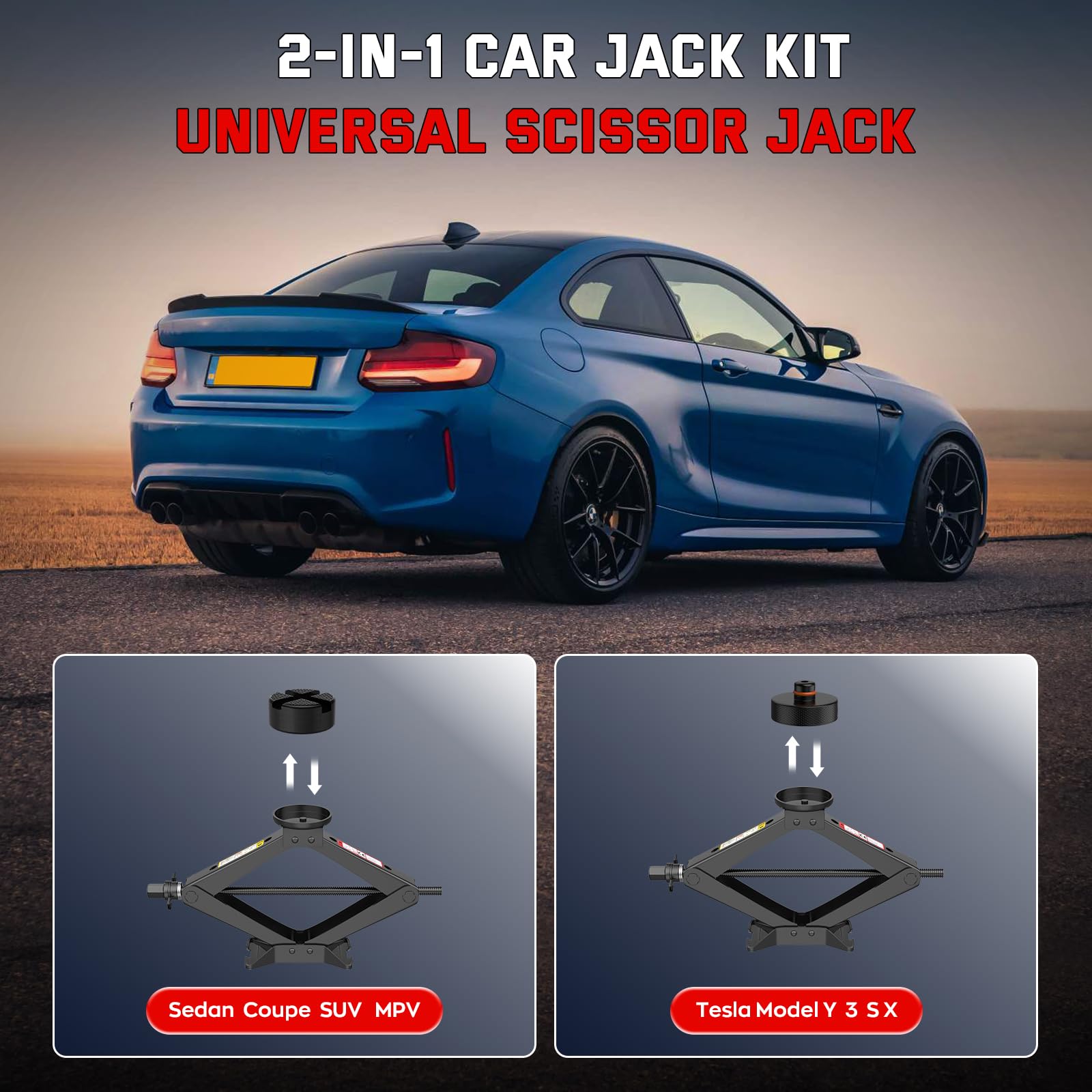 IMAYCC Gato para Coche 2.5T/2500kg, Kit de Gato Coche Universale con 2 Piezas Bloque De Goma, Gatode Tijera portátil con Llave de Tuercas de Rueda, Kit de Emergencia paraCoche SUV MPVTesla