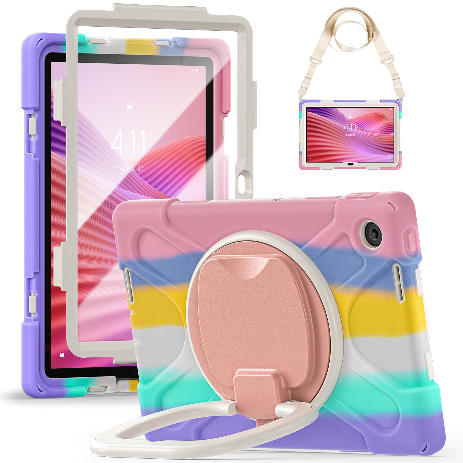 Odporne na wstrząsy etui kompatybilne z Lenovo Tab S10 10.1 TB-311XU/K10C TB-311FU 2025 z osłoną ekranu, wytrzymałe, obrotowe o 360° stojak + hybrydowa osłona z paskiem na ramię, różowe C