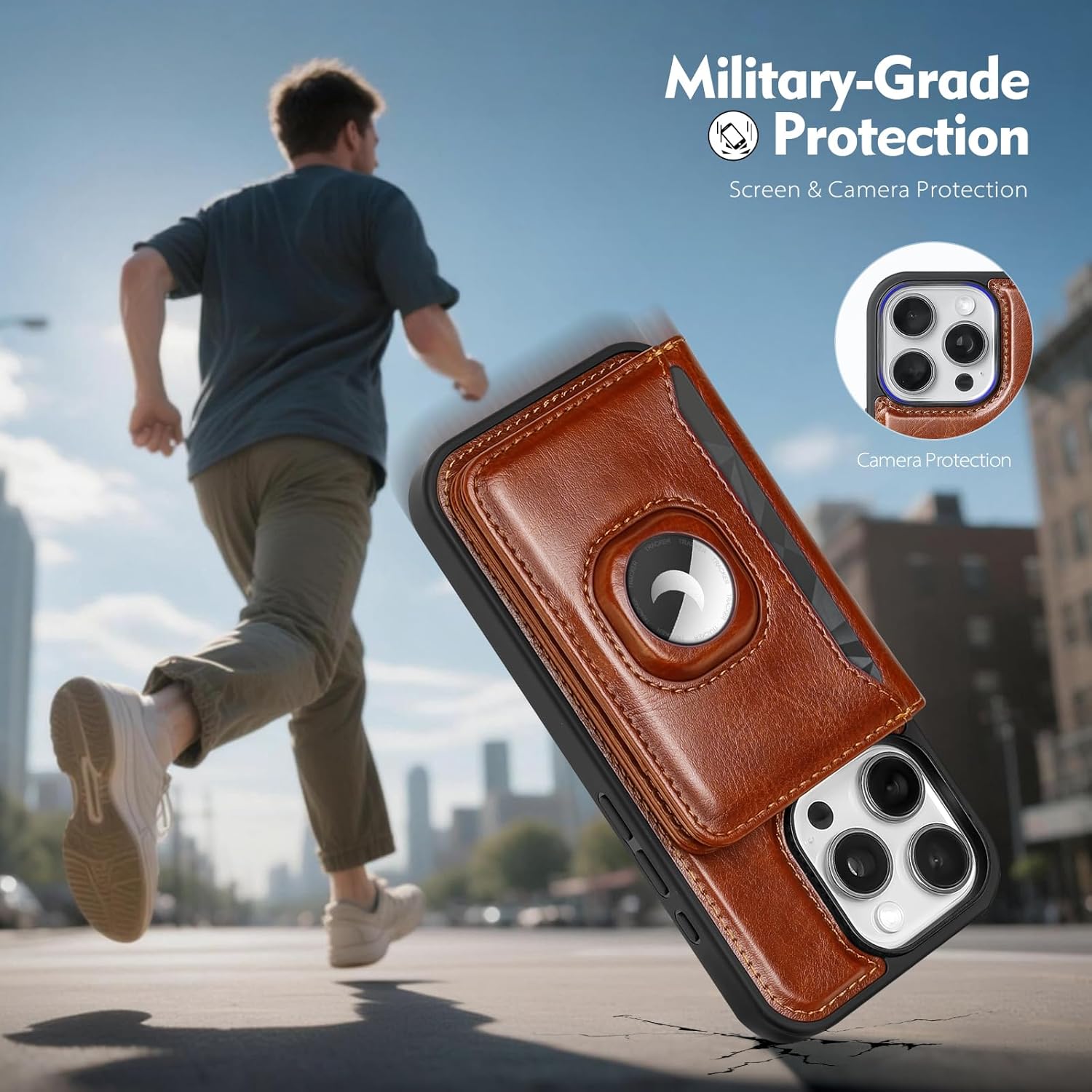 2-in-1 Detachable Compatible with Magsafe iPhone 16 Pro Max Case Wallet AirTag Holder Women Men,Luxury PU Leather Phone Case Shockproof Protector Cover Credit Card Slot Kickstand,Brown