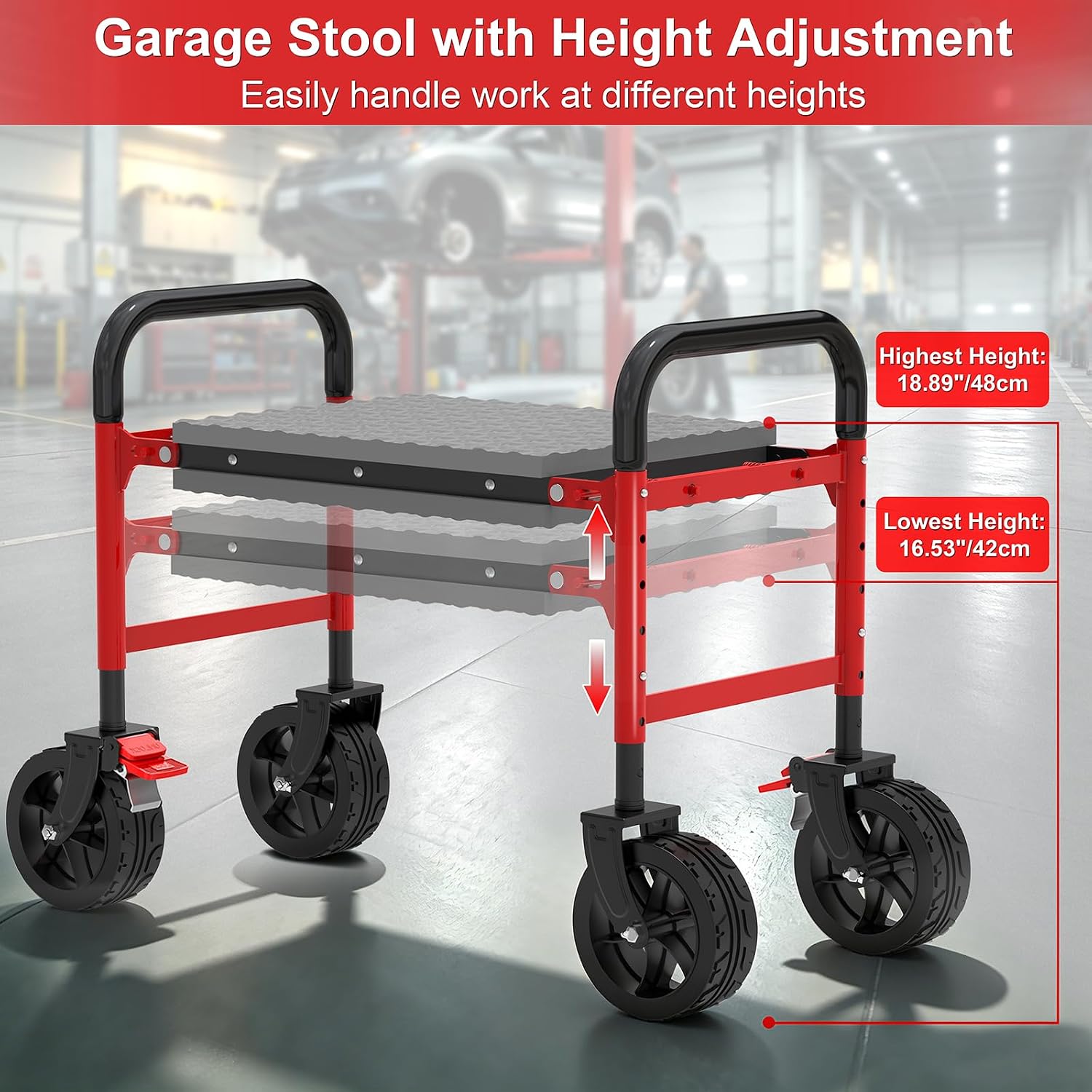 NIUXX Heavy Duty Mechanic Stool: 5" Wheels Roll Smoothly - Holds 400 Lbs