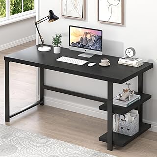 EXCEFUR Home Office Desk, Wood and Metal Computer Desk, Writing Study Table Workstation with Storage Shelf for Living Roo...