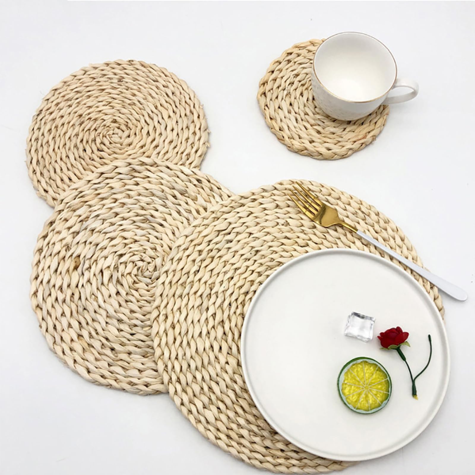 Décoration de Table, Sets de Table, Set de Table de Cuisine en rotin tressé Naturel tressé, Rond et résistant, Style Ferme.