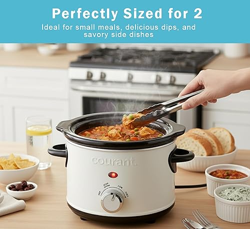 Miniatura 4 de Courant Olla de cocción lenta pequeña, olla eléctrica de cerámica redonda, temperatura ajustable, entradas, salsas, guisos y salsas, asas de tacto