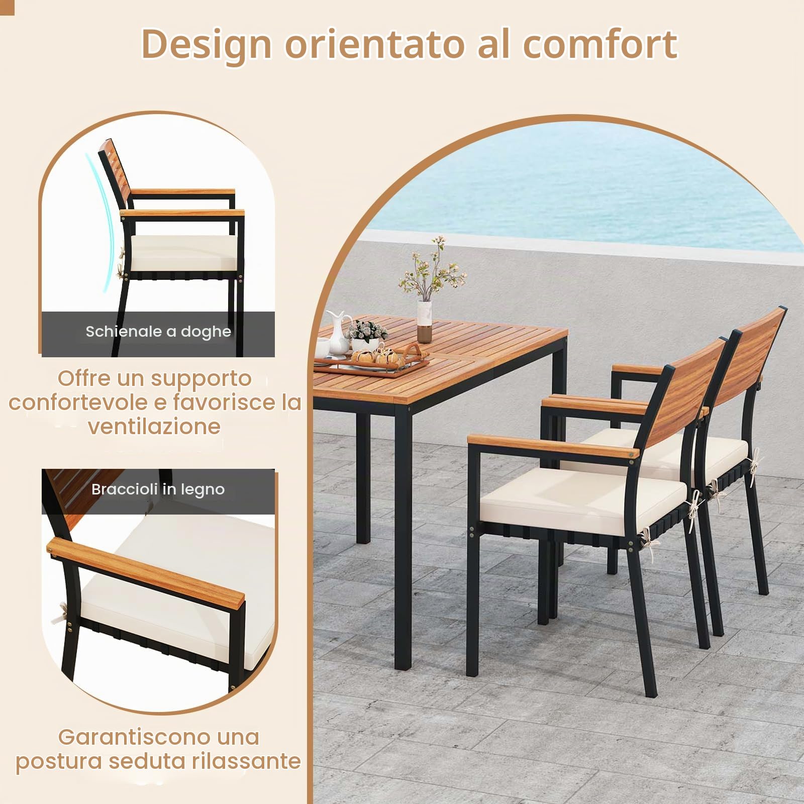 KOMFOTTEU Tavolo da Giardino con 2 Sedie e Panca con Foro per Ombrellone e Cuscino Morbid, Set Pranzo da Giardino Ergonomico in Legno di Acacia, Design Impilabile, Set Salotto per Esterno da Balcone