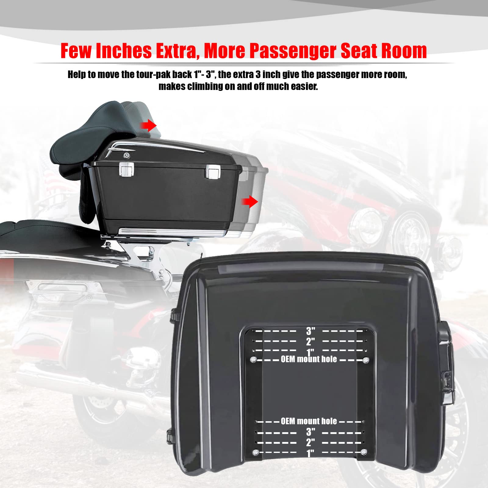Harley Tour-Pak Relocator Kit - Moves Tour Pack Back 1-3 Inches For More Rider/Passenger Room (Fits 2014-2023 Touring Models)