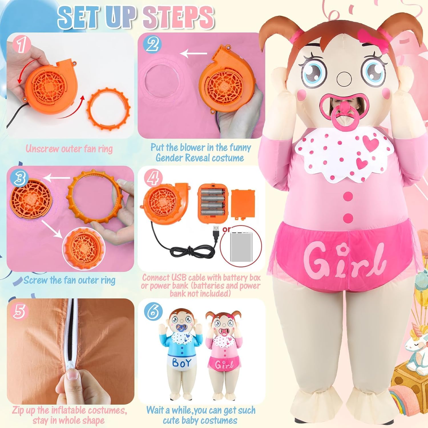 2PCS Inflatable Baby Costume for Adult Men Women Gender Reveal Boy or Girl Blue Pink Blow Up Baby Shower Outfit Funny Cosplay Party