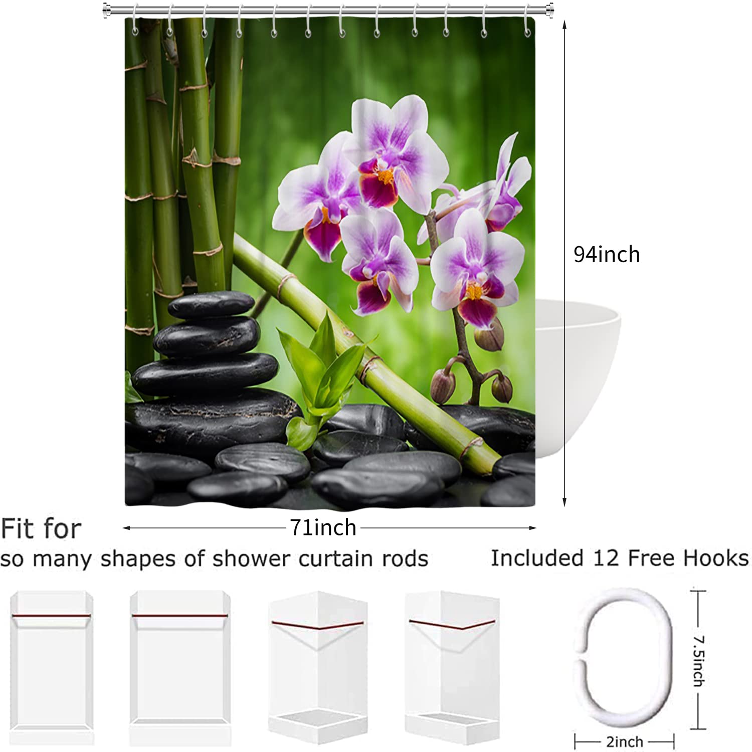 Tenda da doccia giardino zen 180x240, Hnmdmyi Spa verde bambù nero pietra viola fiore tenda da bagno giapponese meditazione rilassante impermeabile poliestere tessuto lavabile tenda da bagno con ganci