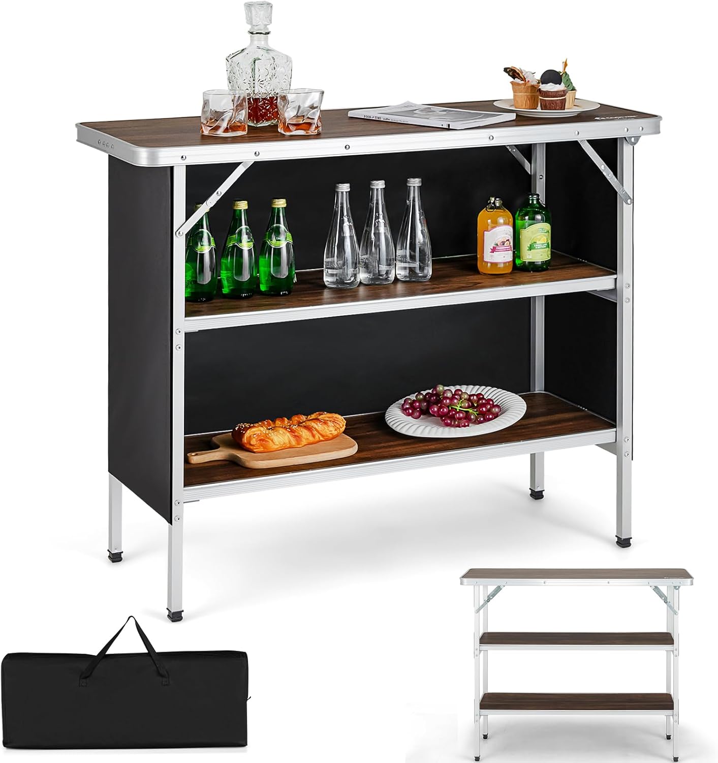 KOTEK Folding Camping Table with 2-Tier Storage Shelves, Removable Privacy Skirt & Carry Bag, Easy Setup, Portable Bar Table for Events, Party, Picnic, BBQ, Trade-Show and Indoor Use(43.5”L x 15”W)