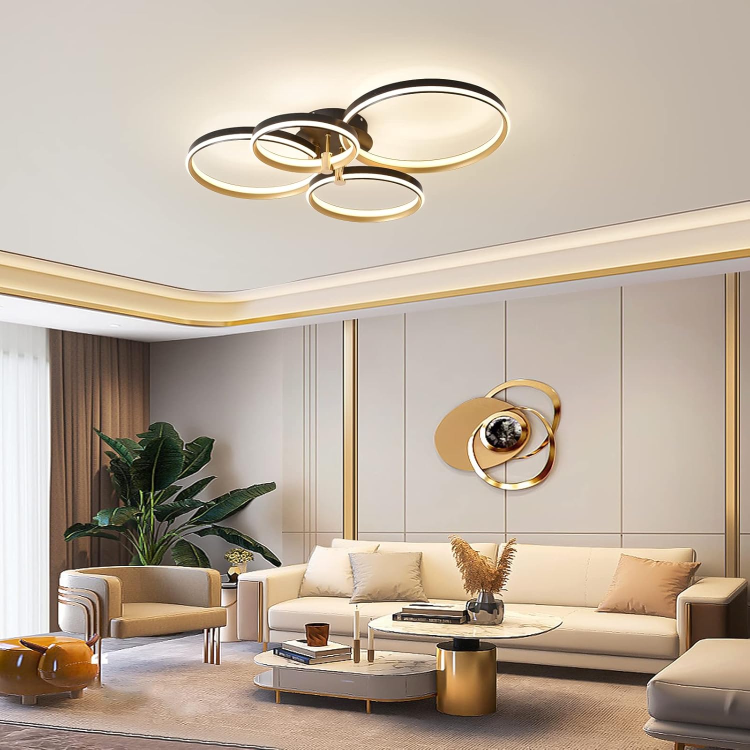 Ganeed Dimmable LED Ceiling Light Modern 4 Rings Ceiling Lamp with Remote Control,60W Gold Flush Mount Ceiling Lights for Living Room, Bedroom, Kitchen, Corridor, Dining Room,Office 3 Color