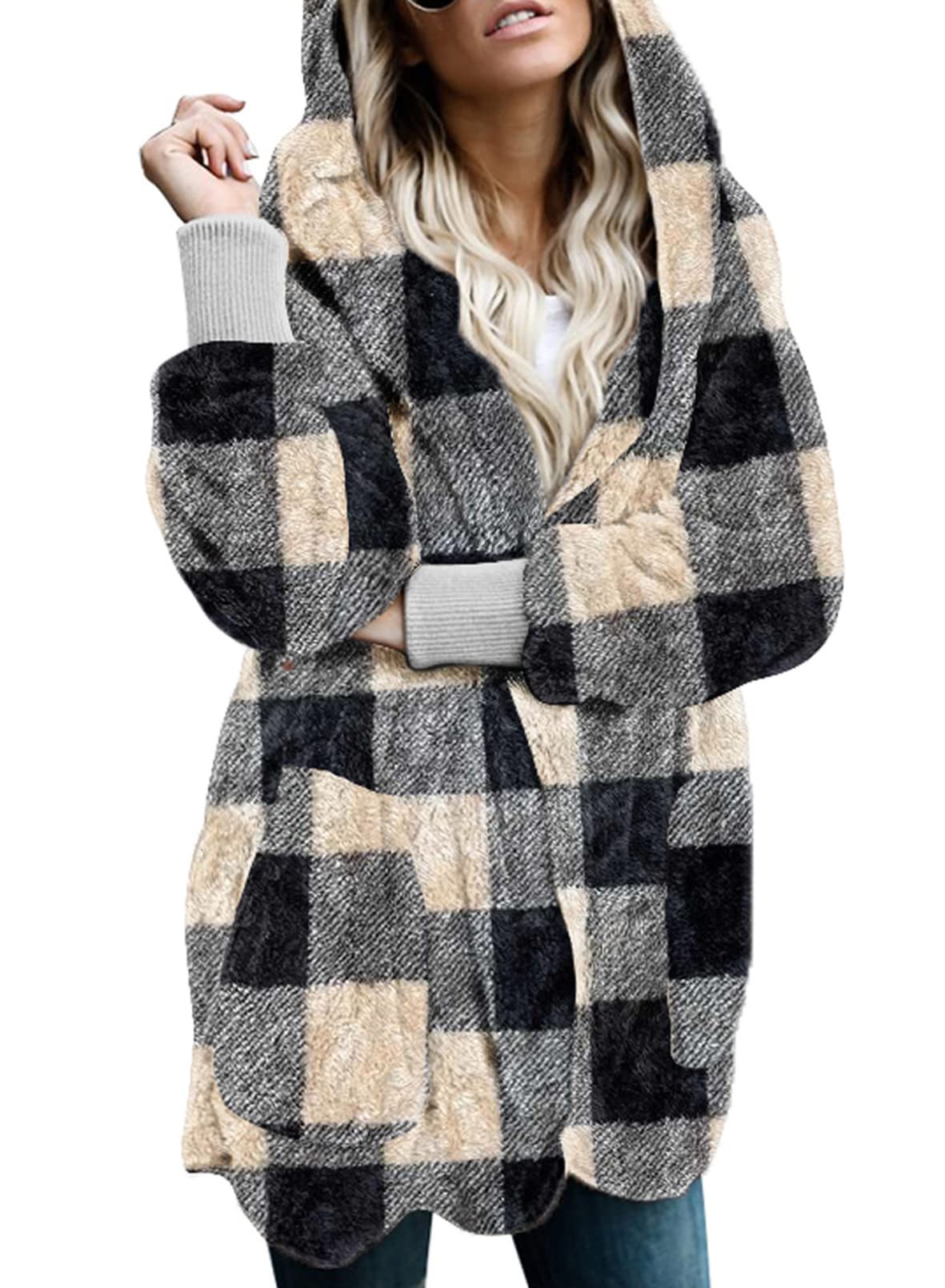 Dokotoo Womens 2025 Winter Long Sleeve Solid Fuzzy Fleece Open Front Hooded Cardigans Jacket Coats Outerwear with Pocket