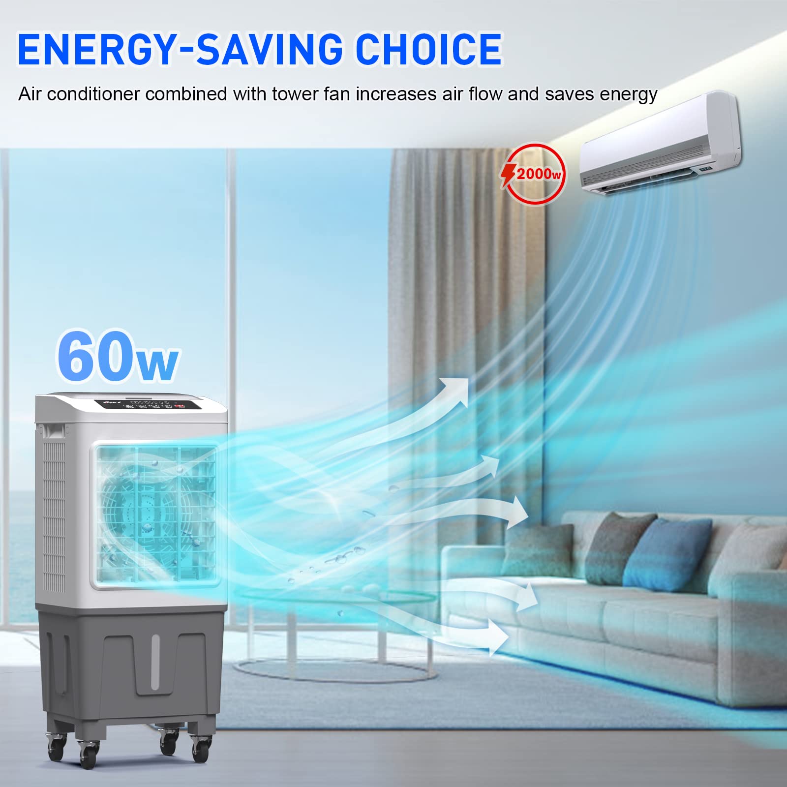 Portable Evaporative Cooler ALPACA 2200CFM Personal Swamp Cooler, 120Â°Oscillation Swamp Cooler with Remote Control, Timer, Humidifier, 3 Wind Speeds, 4 Ice Packs for Room Office Dorms Outdoor, 5.5 Gal