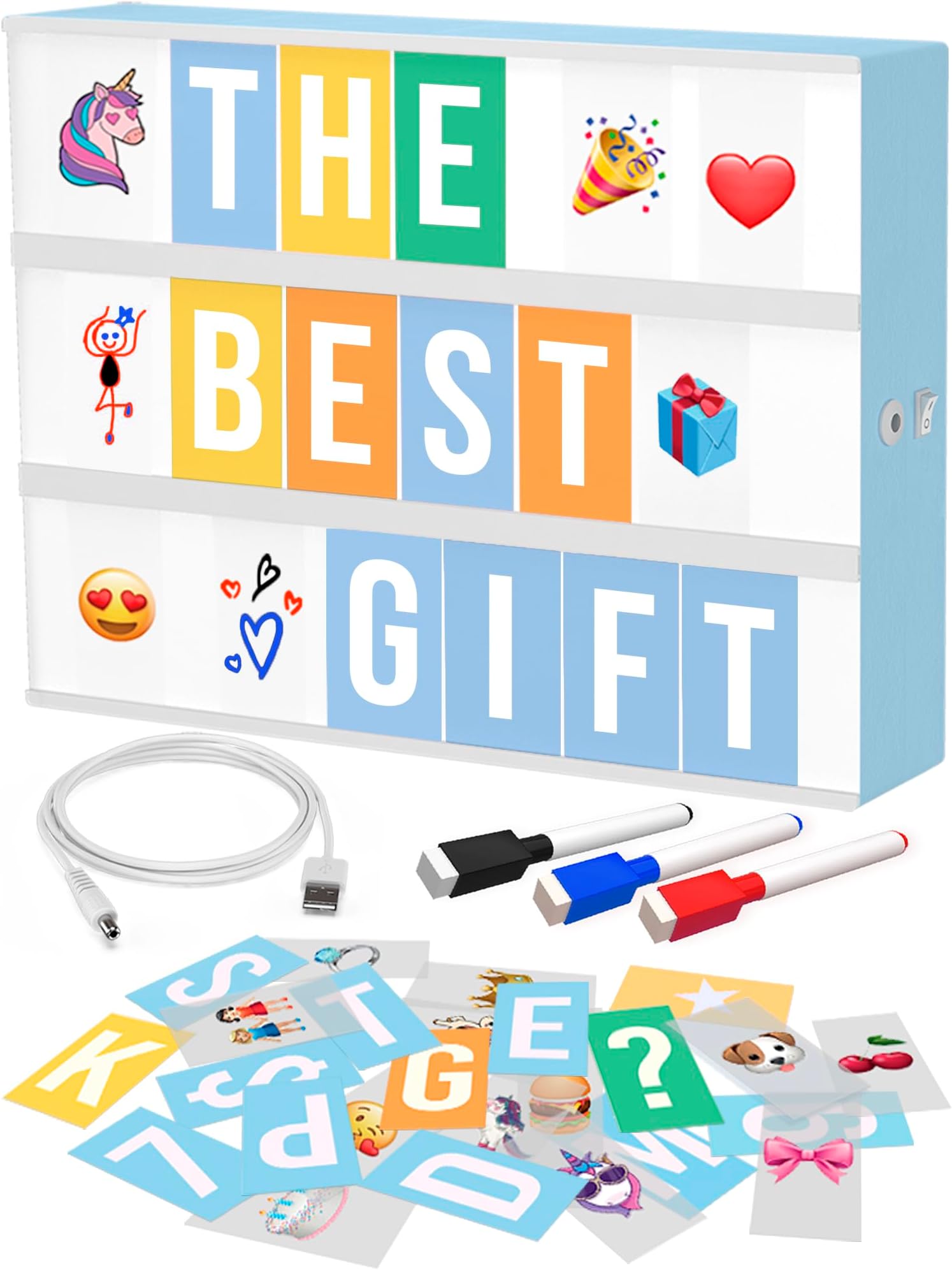 Blue Cinema Light Box with 312 Letters, Emojis & 3 Markers - Led Light Box Sign for Home & Blue Bedroom Decor for Girls - Light Up Letter Board - Best Gift Idea for Girls on Birthday