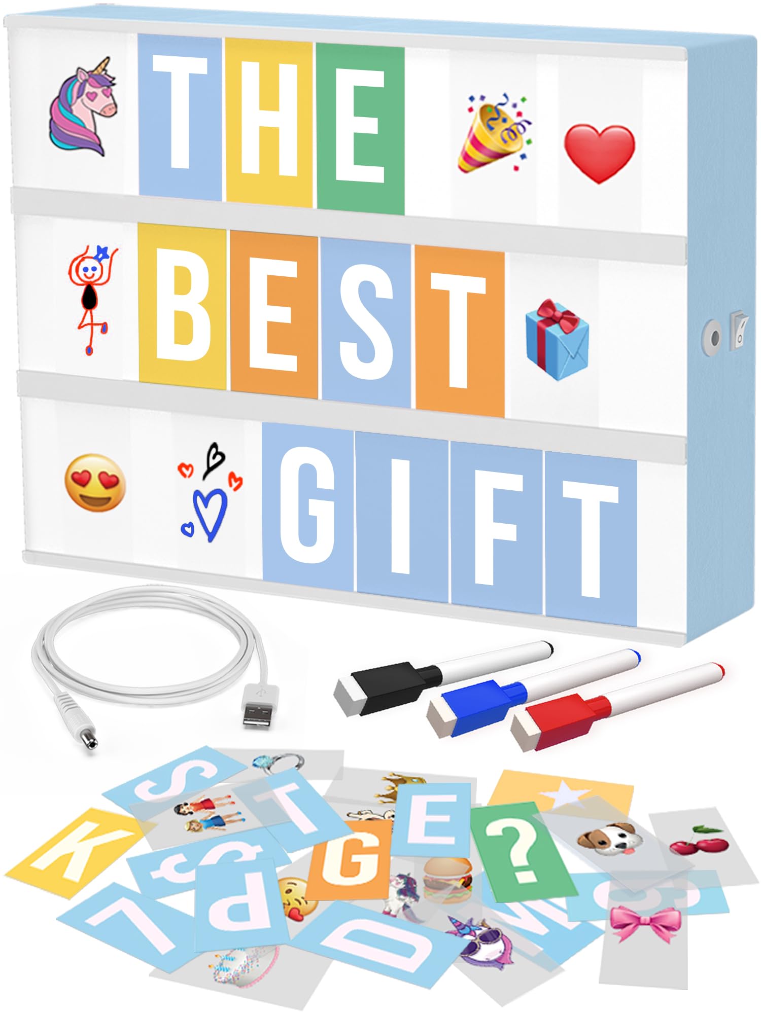 tricase Blue Cinema Light Box with 312 Letters, Emojis & 3 Markers - Led Light Box Sign for Home & Blue Bedroom Decor for Girls - Light Up Letter