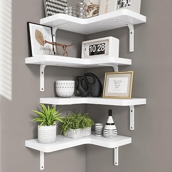 Venusmiles Corner Floating Shelves Set of 4, Wall Mounted L-Shaped Storage - Maximize Unused Corner Space in Bathroom, Kitchen, Bedroom, Office, Pearl White
