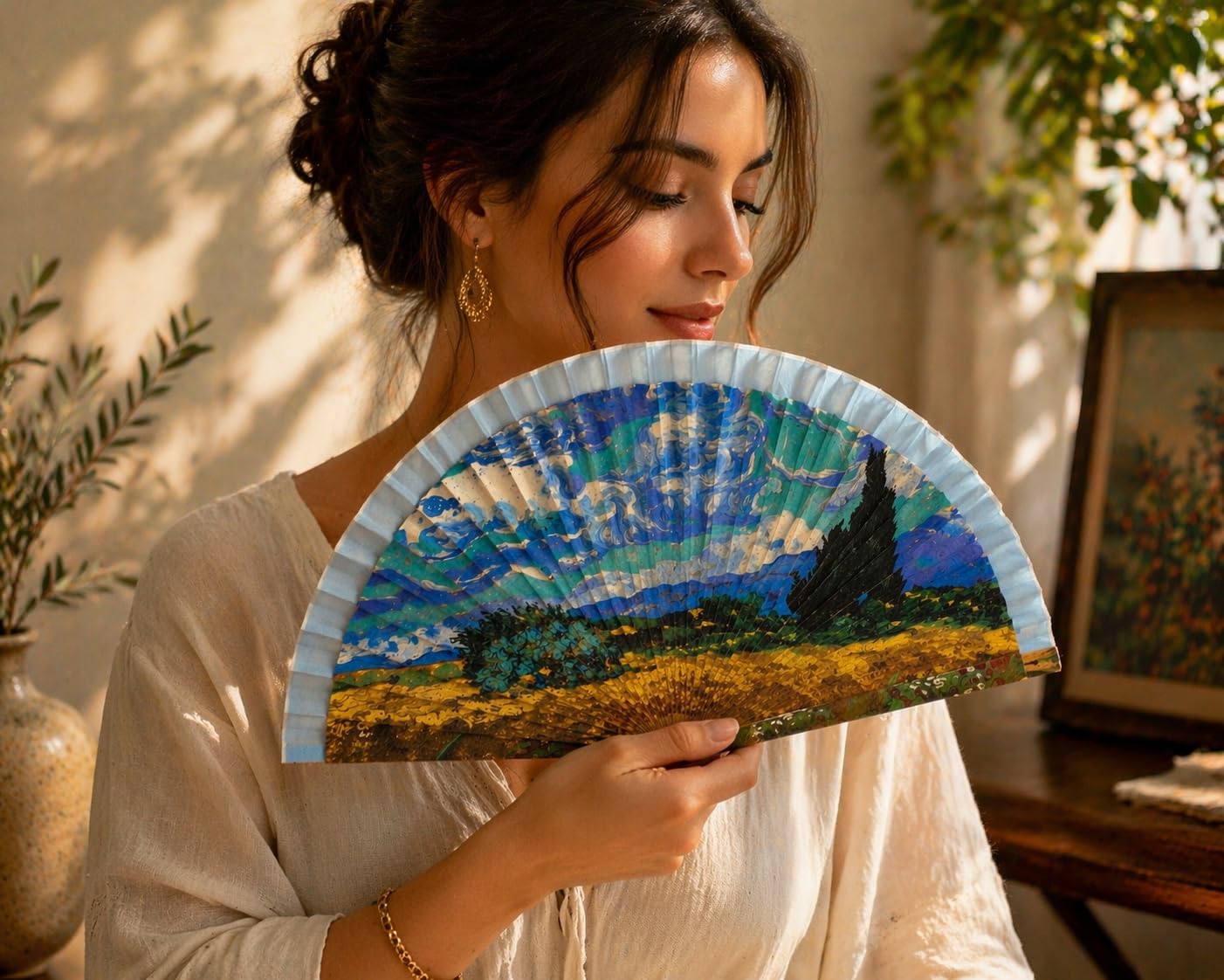 Genérico Ventaglio pieghevole con design artistico, ispirato ai dipinti classici, in legno naturale e tessuto, leggero, elegante e portatile (23 cm chiuso / 40 cm aperto) (turchese-verde)