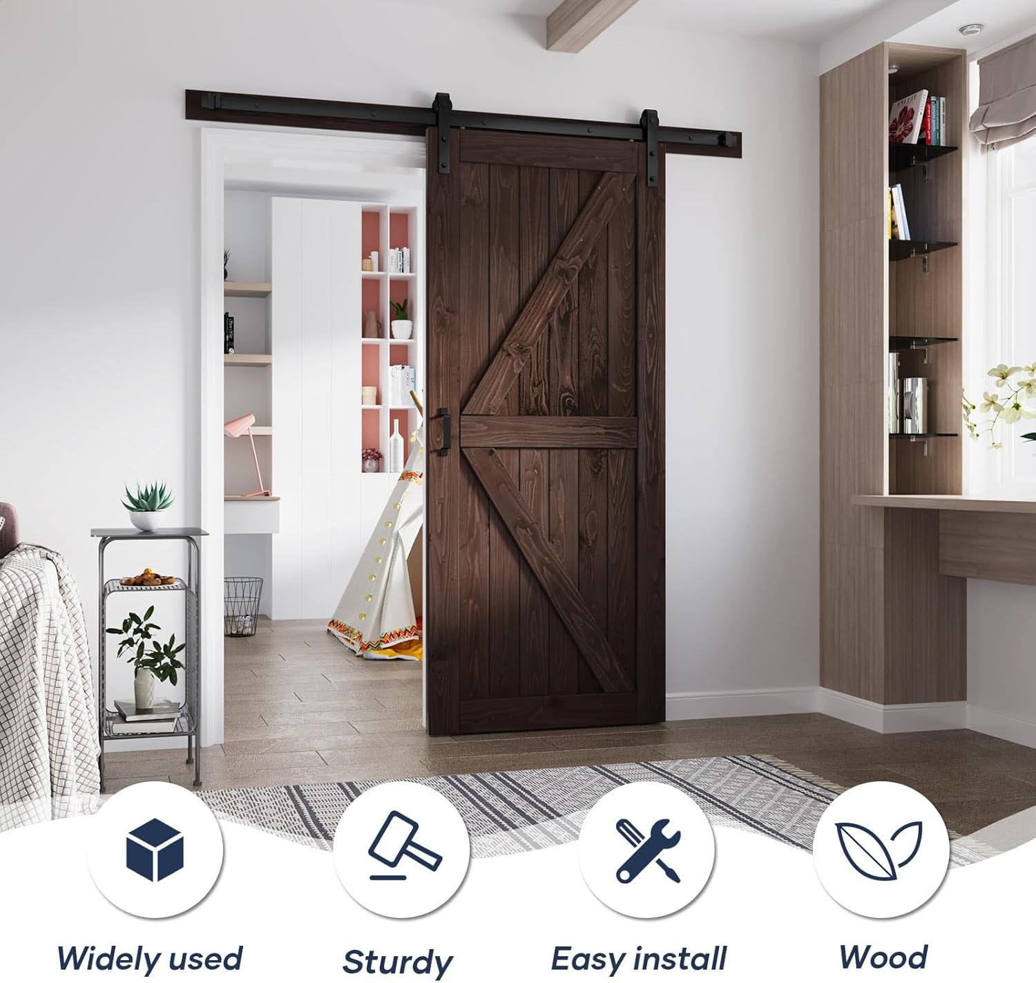 fredbeck 36in x 84in brown barn door with 6.6ft (79inch) barn door hardware track kit and handle included, double surfaces,simple assembly is required,k-frame,coffee wood 36x84