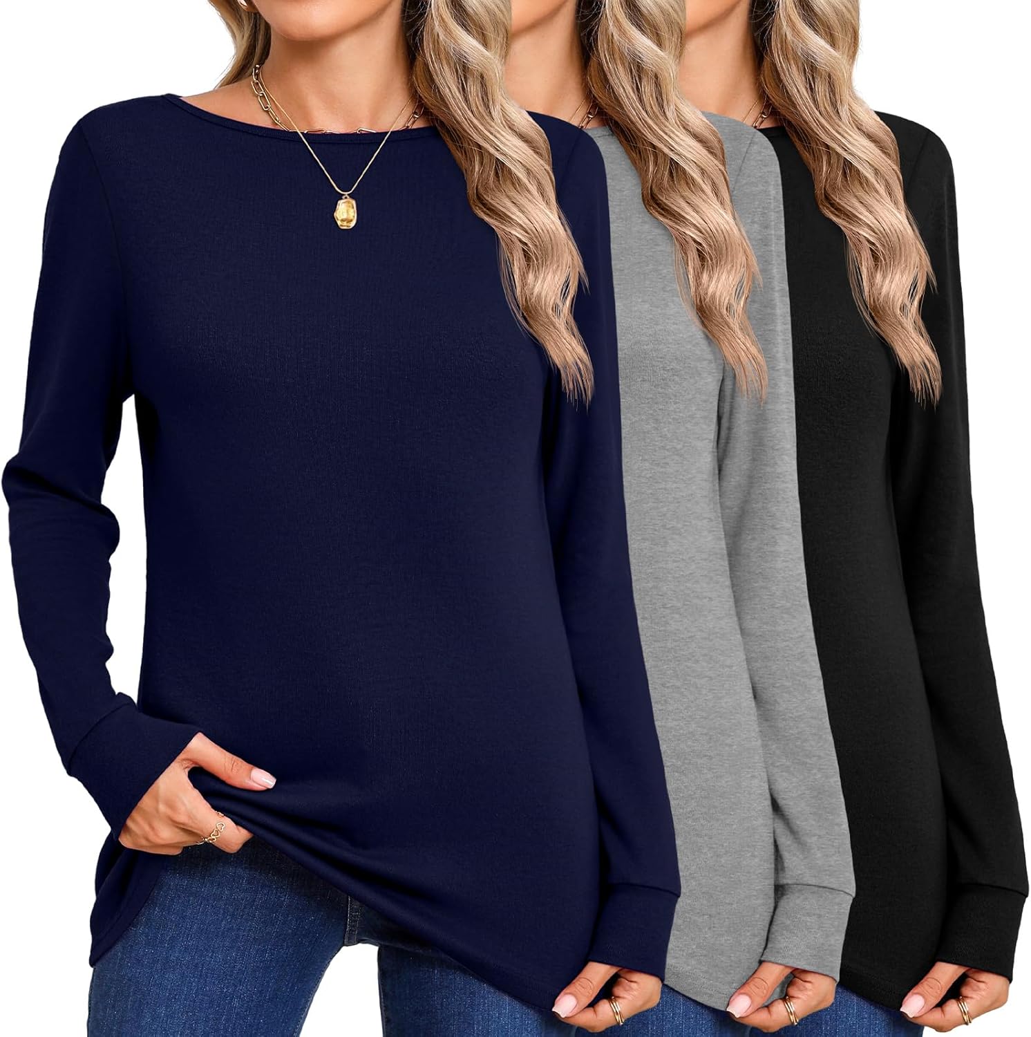 Huukeay 3 Pack Women's Long Sleeve Shirts 95% Cotton Boat Neck Sweatshirt Basic Tunic Top Loose Fit Outfit Wear with Leggings