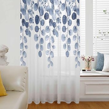 Blue Eucalyptus Leaves Sheer Curtains 72 Inch Length, Watercolor Floral Leaf Plants Semi Curtain Sheers for Living Room Bedroom Rod Pocket Kitchen Curtain Drapes Voile Window Treatment Panel