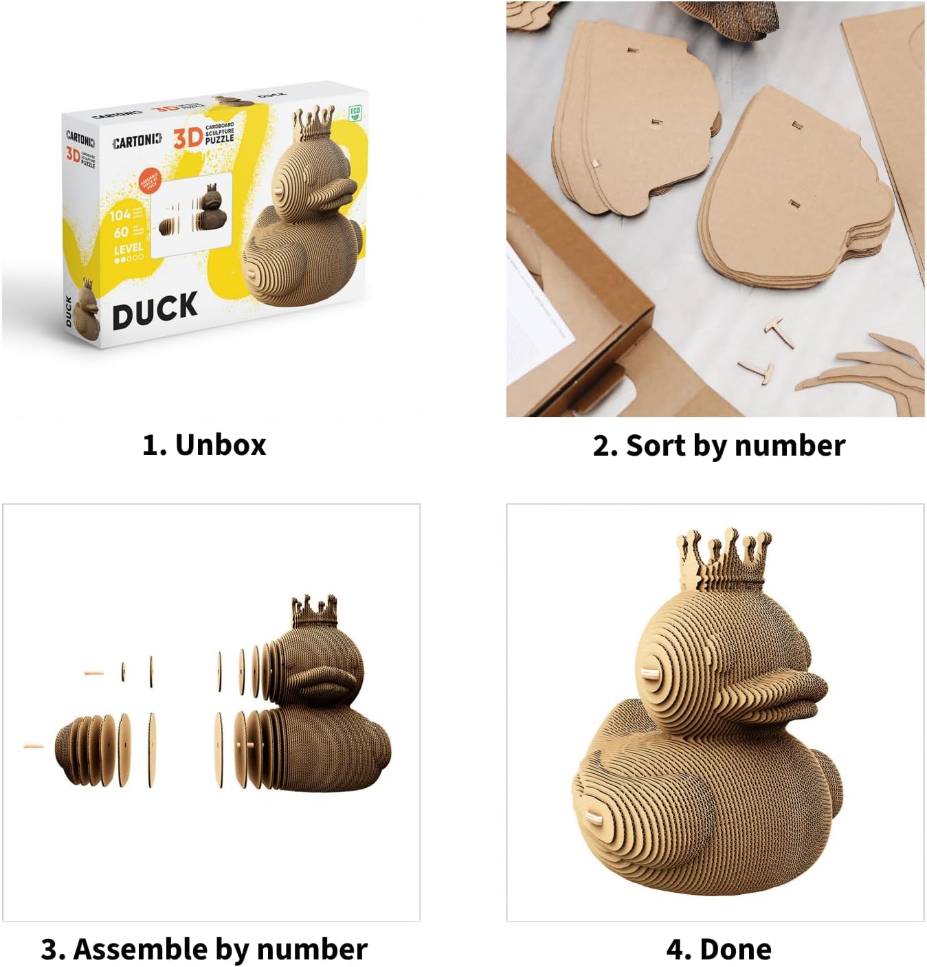 Duck Cardboard 3D Puzzle, 104 Pieces, 6 × 6 × 5 inches, Recycled Materials, DIY Sculpture Kit