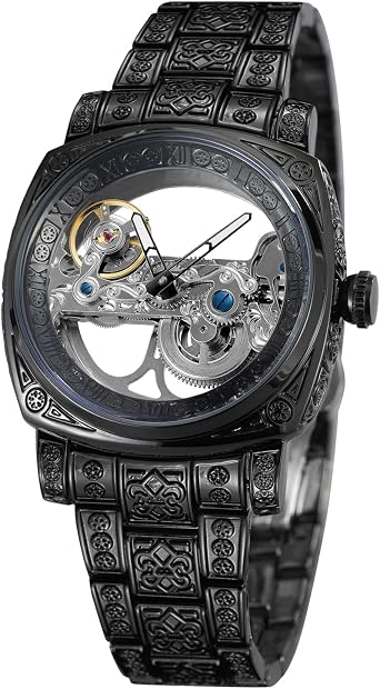 FORSINING Mens Skeleton Watch Roman Numerals Automatic Tourbillon Watch with Stainless Steel Bracelet, Black, Classic