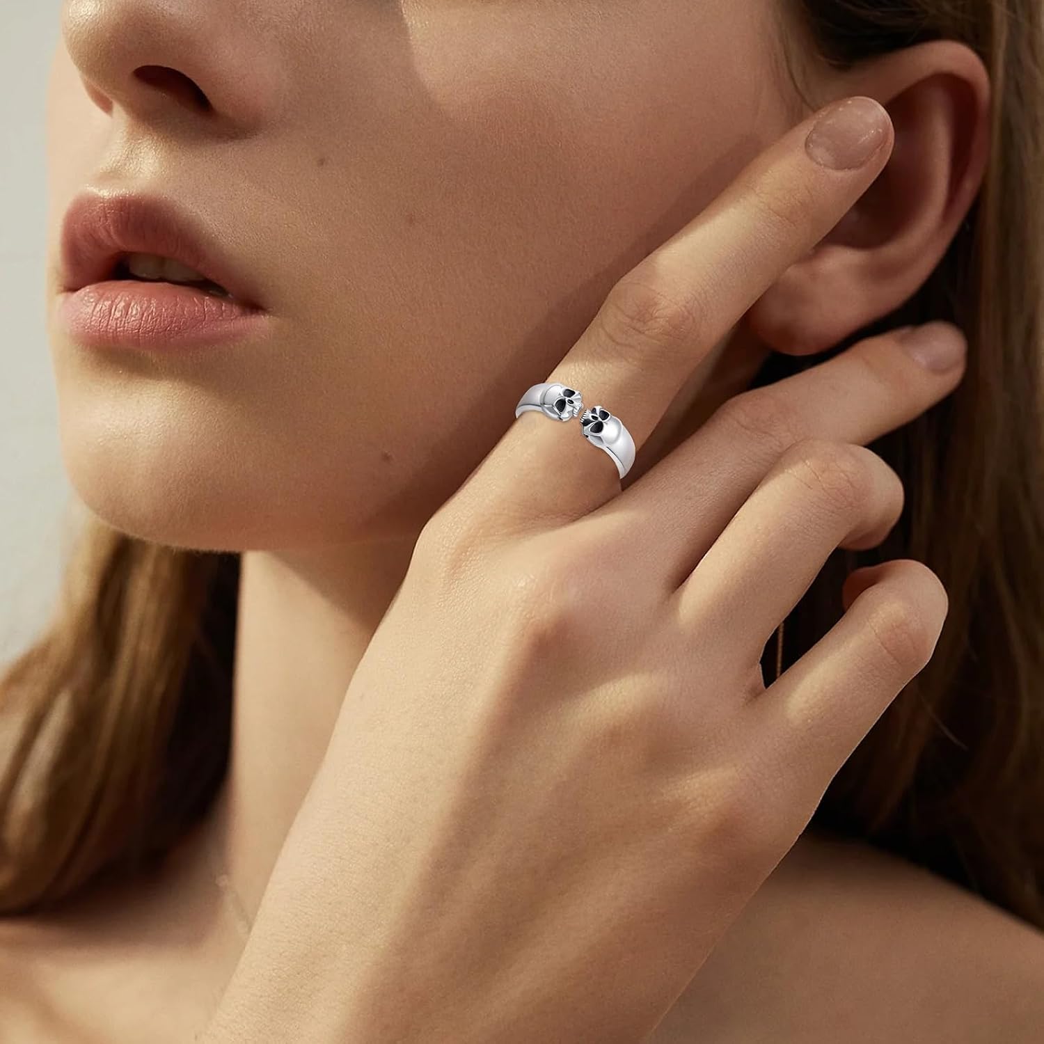 Skull Rings for Women 925 Sterling Silver Adjustable Open Skeleton Ring Punk Gothic Jewelry Halloween Gifts for Men