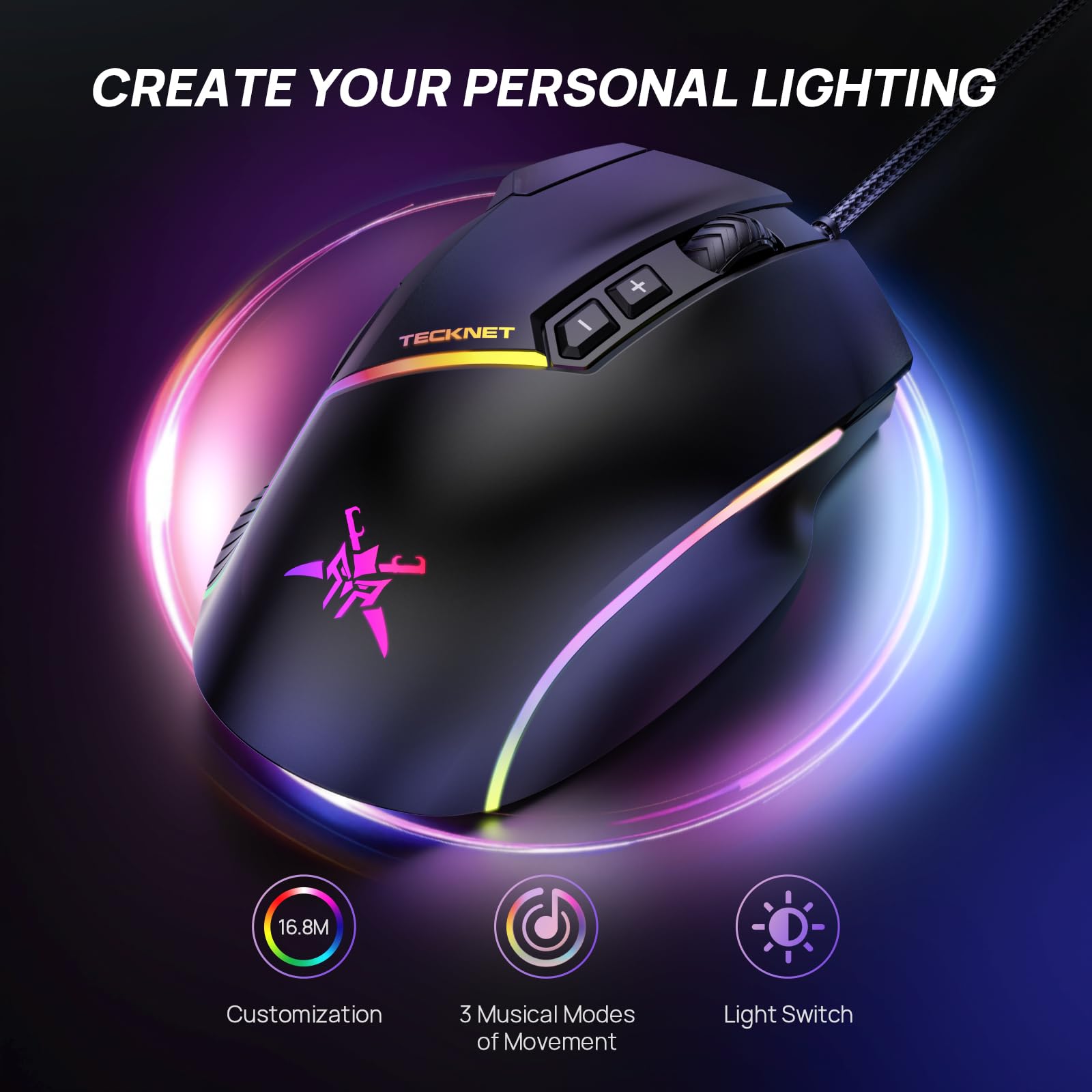 TECKNET Wired Gaming Mouse, 12,800 DPI with Optical Sensor, 8 Programmable Buttons, 13 RGB Backlit Modes, Ergonomic Design, Custom Software Gaming Mice for Laptop,PC - 5