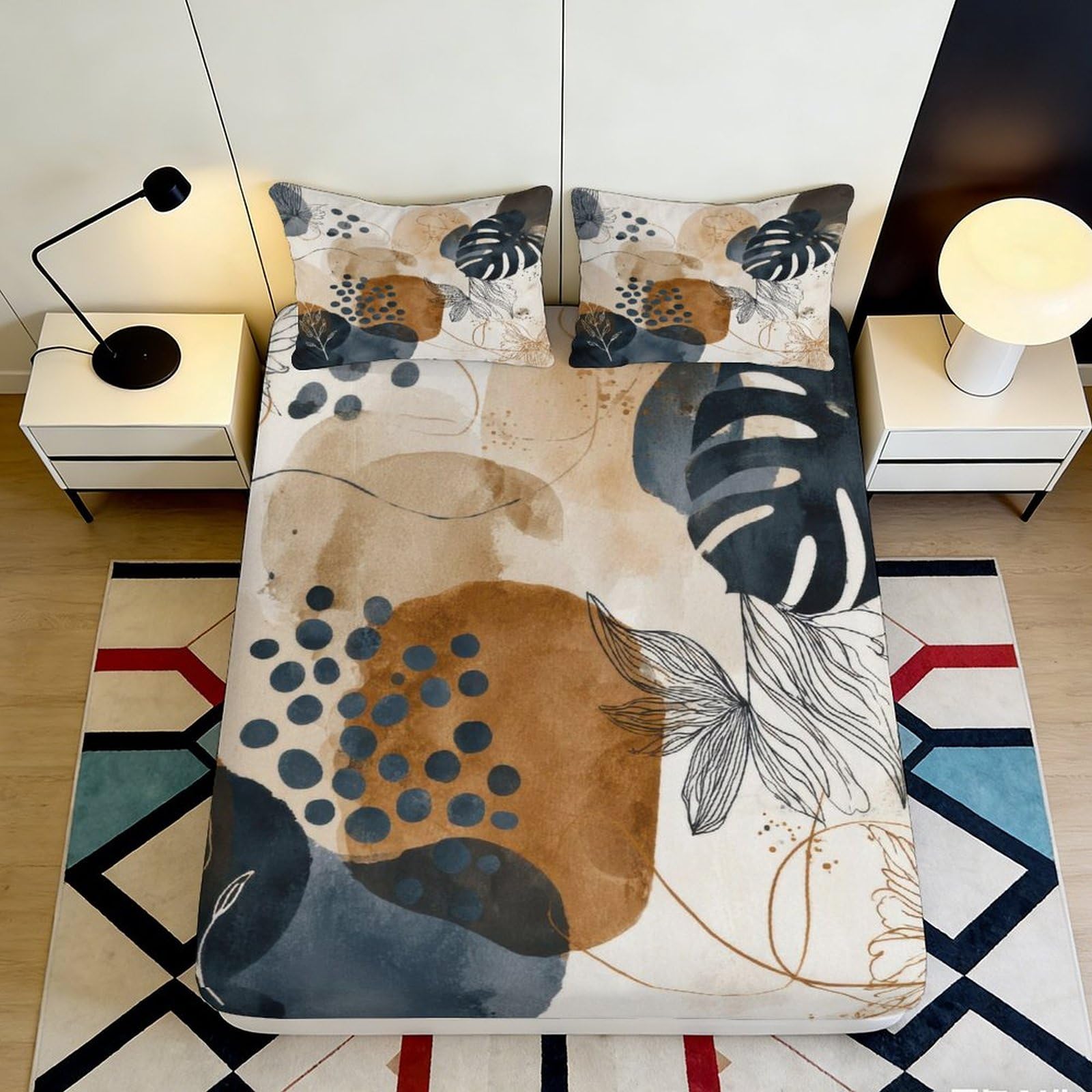 3D Printed Abstract Botanical Fitted Sheet Microfiber Soft Modern Geometric Bed Cover for Bedroom Guest Room Decor 90x200x25cm