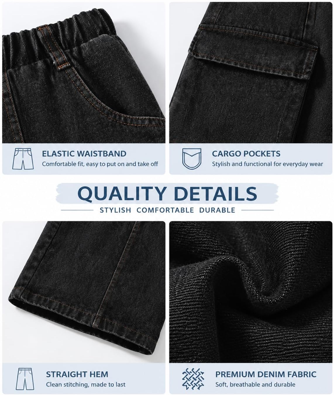 Teen Girls Cargo Jeans Wide Leg Denim Pants Elastic Waist Jeans with Multi Pocket