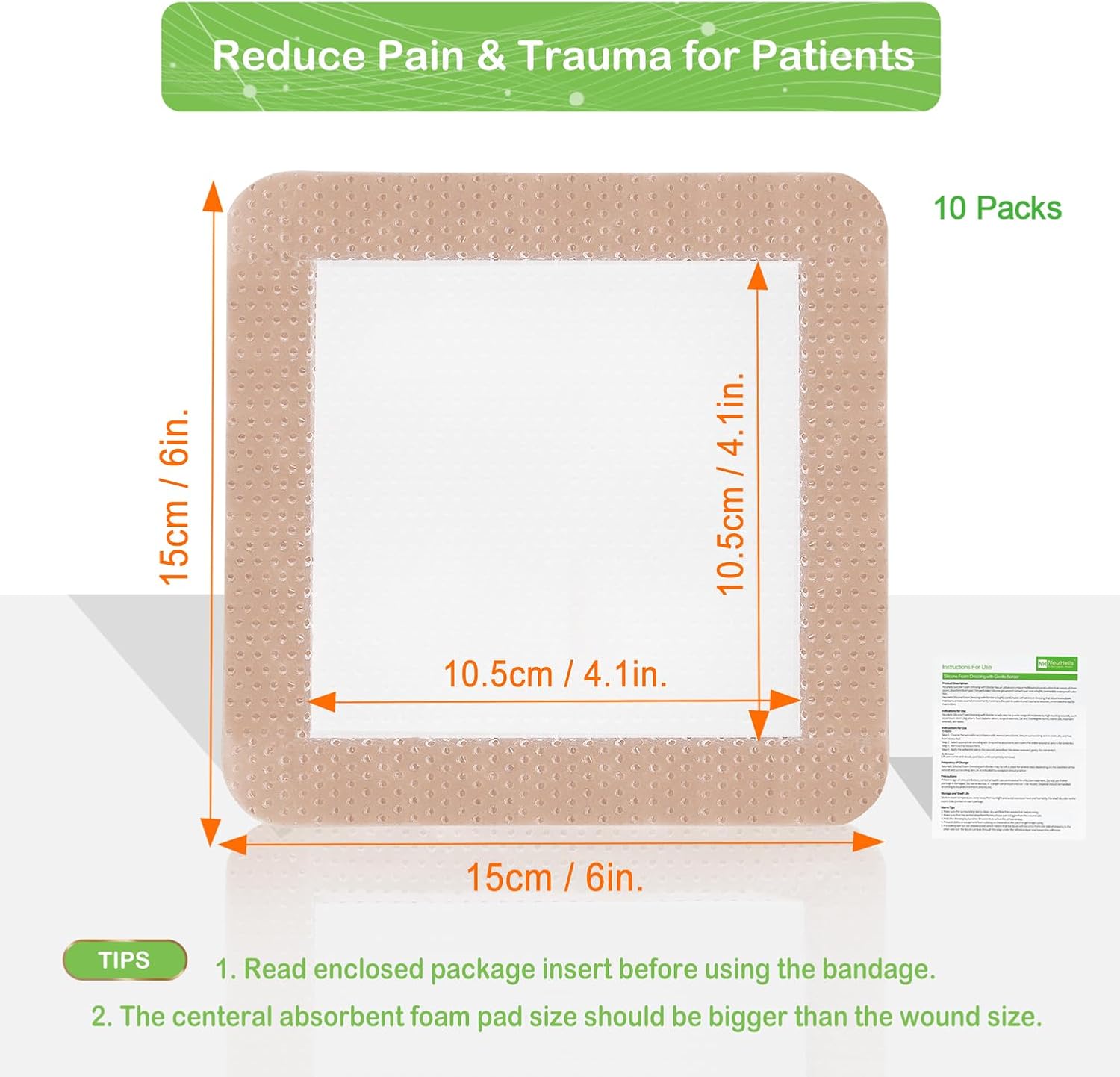 Silicone Adhesive Foam Dressing with Gentle Border 6''x6'', 10 Packs for Bed Sore Leg Ulcer, High Absorbency Waterproof Silicone Wound Bandages by NeuHeils