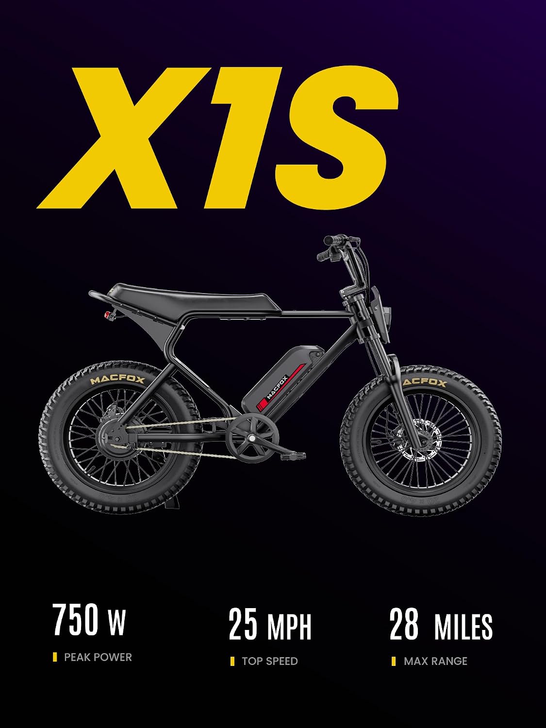 MACFOX X1S Electric Bike for Adults, 750W Motor 20MPH, 48V Removable Battery 28 Miles Range, 20"x4" Fat Tire Ebike for City/School Commuting, Upgradeable Hydraulic Brakes(UL2849, Class-2)