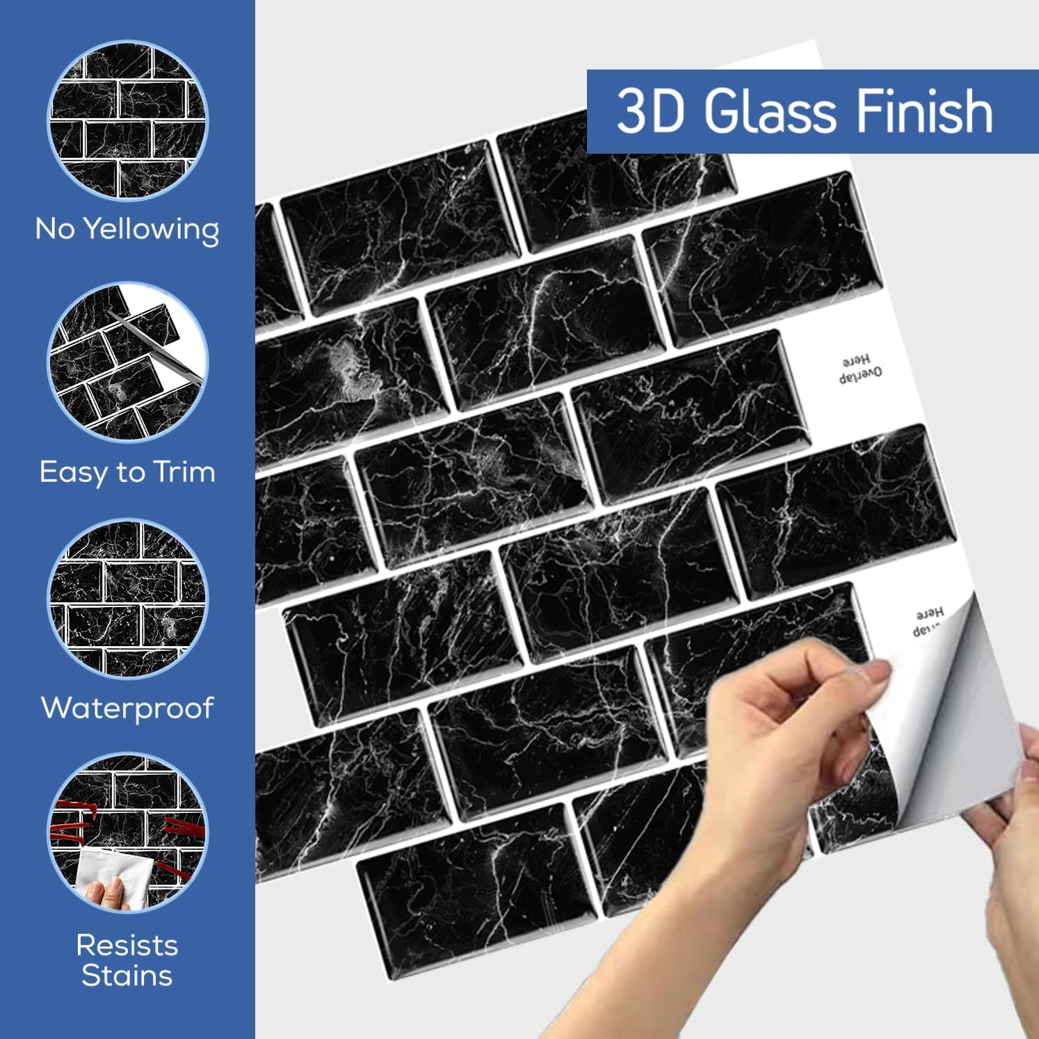 Peel and Stick Backsplash Tile for Kitchen Wall, 12” x 12” Stick On Backsplash 10-Sheet Pack Stick On Tiles for Kitchen or Bathroom with 3D Glass Tile Looks
