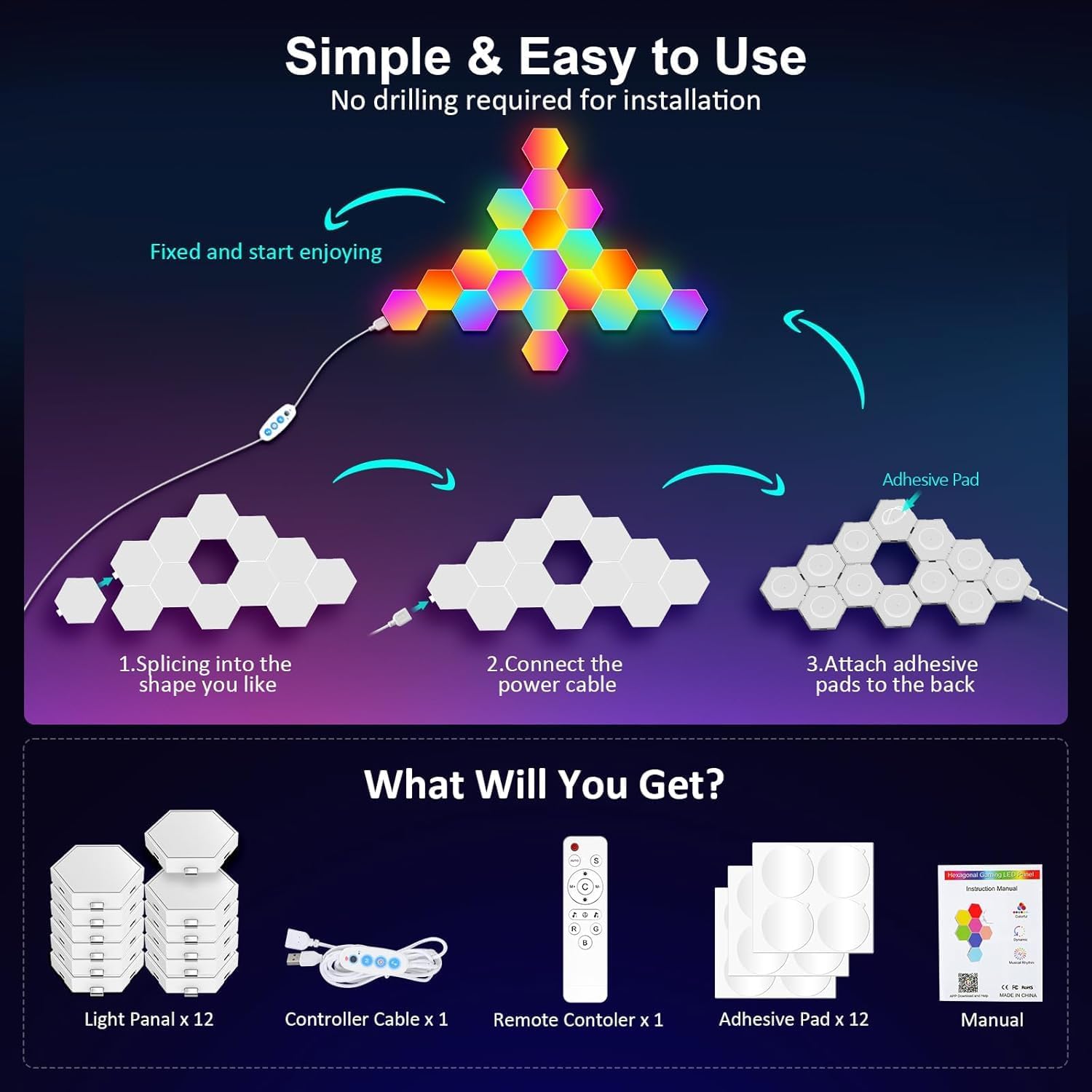 Hexagon LED Lights 8 Pack - RGB Wall Panels with Music Sync, Smart App & Remote Control, DIY Modular Hex Light for Gaming Room, Bedroom, Living Room, Wall Decor - Image 7