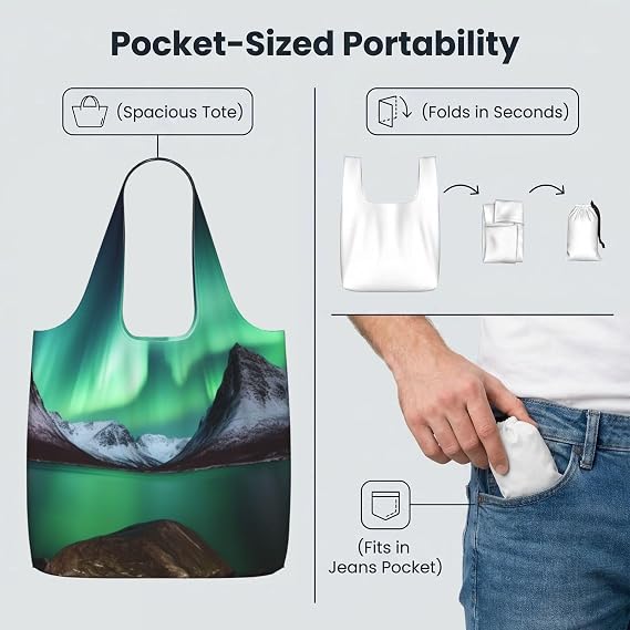 Aurora Borealis Reusable Shopping Bags Lightweight Foldable Grocery Bags In Pocket Large Tote Bags Travel Shoulder Bag Gifts For Women Men