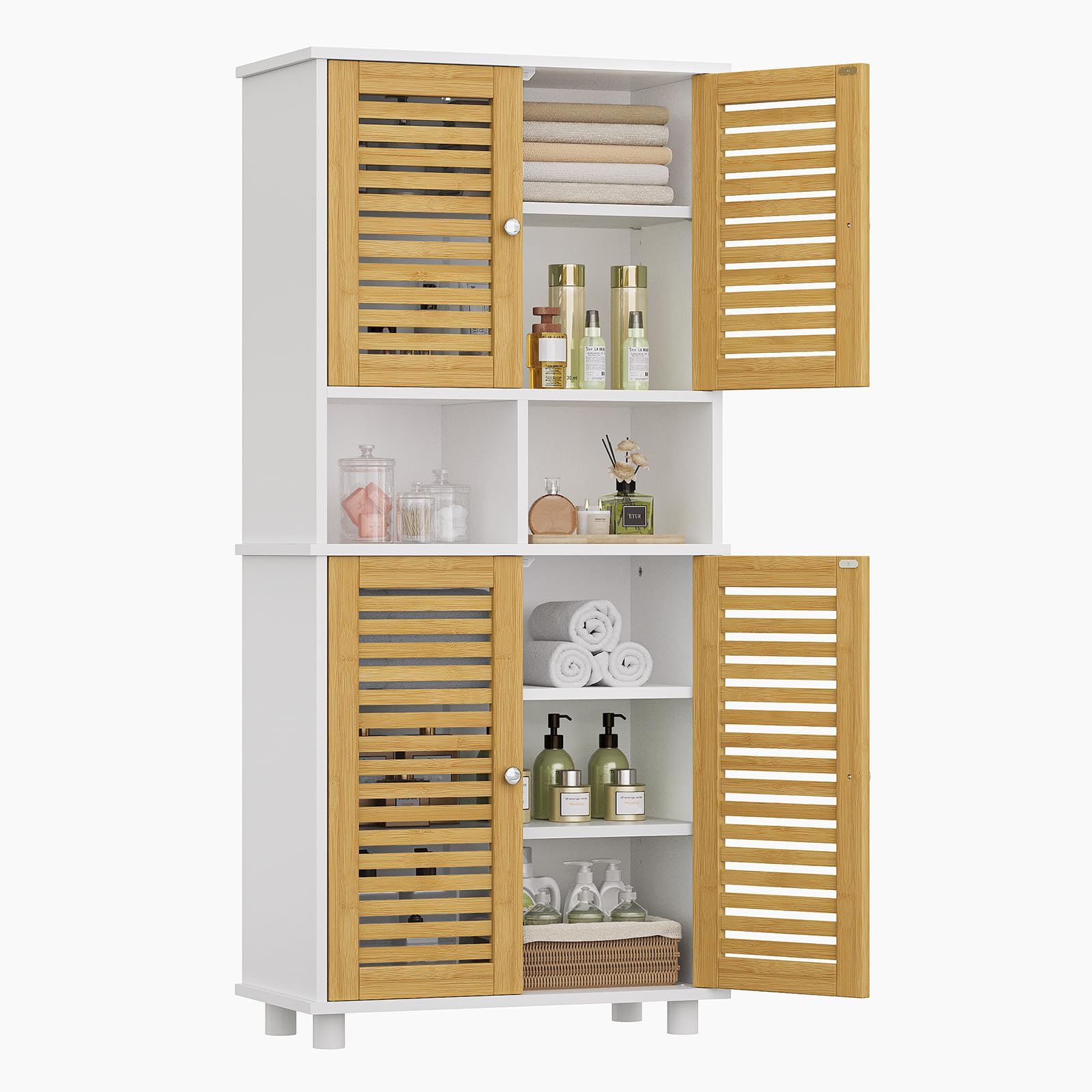 Mobile Alto da Bagno con Ripiani Regolabili, Mobiletto Bagno con 4 Ante in Bambù, Mobiletto Cucina Salvaspazio con 2 Scomparti Aperti, Mobiletto Multiuso per la Cucina, 60x30x128 cm