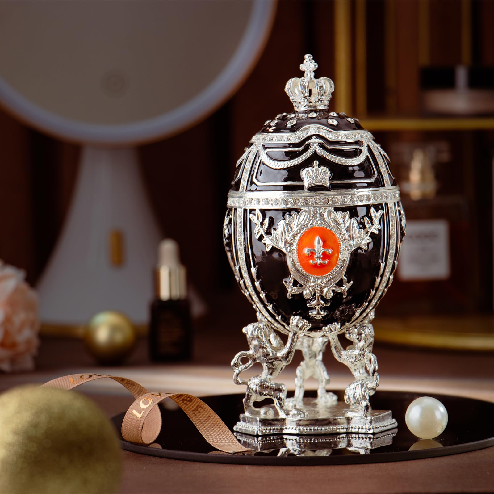 QIFU Hand Painted Black Easter Egg Style Enamel Trinket Box Hinged, Unique Gift for Family